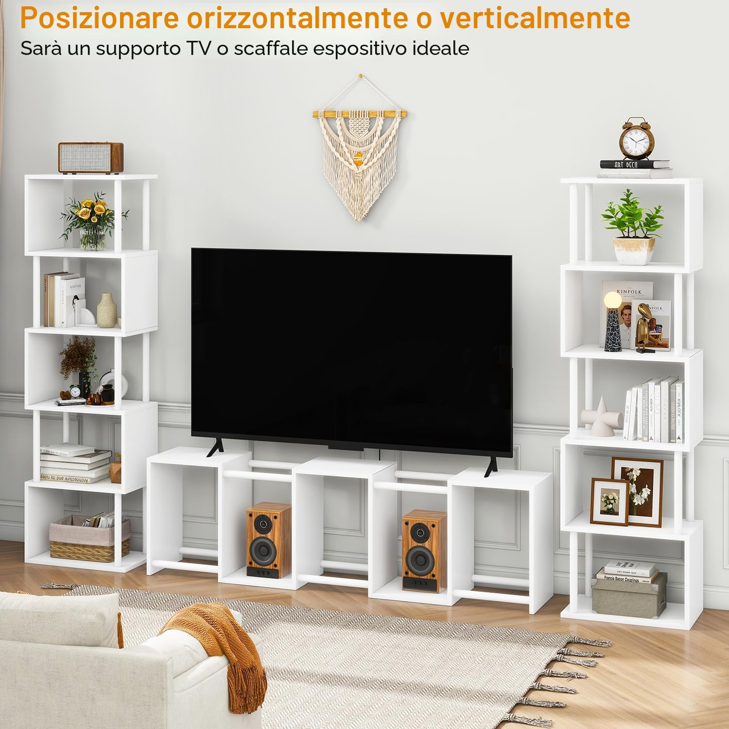 IBUYKE Libreria alta a 5/6 ripiani, libreria geometrica a forma di S, ripiani in legno con contenitore, libreria moderna per soggiorno, camera da letto, ufficio domestico, bianco WBC016W