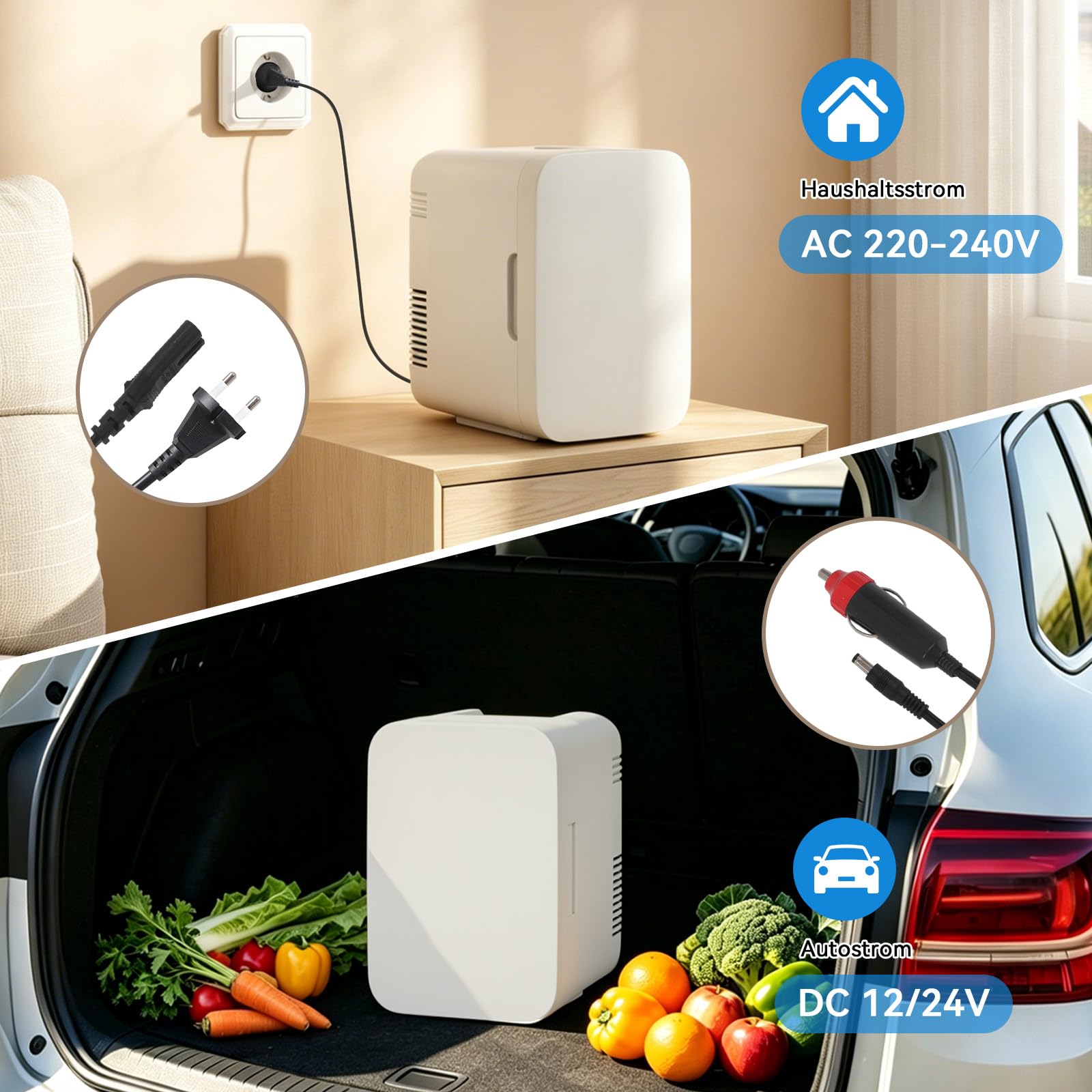 2 in 1 Mini Kühlschrank, 4 Liter mit Kühl- und Heizfunktion, tragbare elektrische Gefrierbox klein Gefrierschrank für Auto, camping, Lkw, Büro, 220V Steckdose und 12V USB-Anschluss