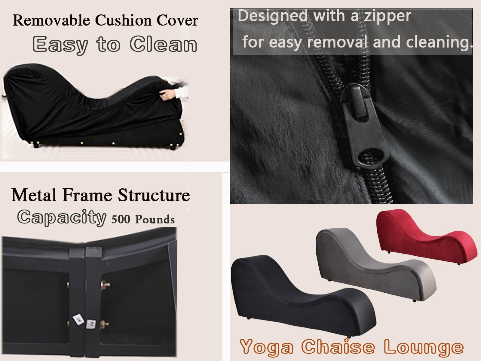 Chaise Lounge Chair with Cover, Heavy-Duty Metal Frame for Exercise, Stretching, Relaxation, Indoor Sport for Living Room(Grey Velvet): Black