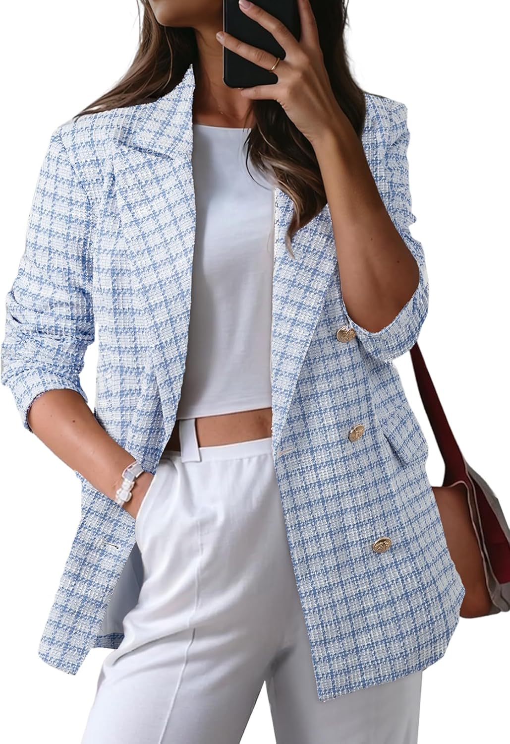 Happy Sailed Womens Plaid Tweed Blazers Dressy Casual Long Sleeve Double Breasted Open Front Blazer Jackets Work Suits