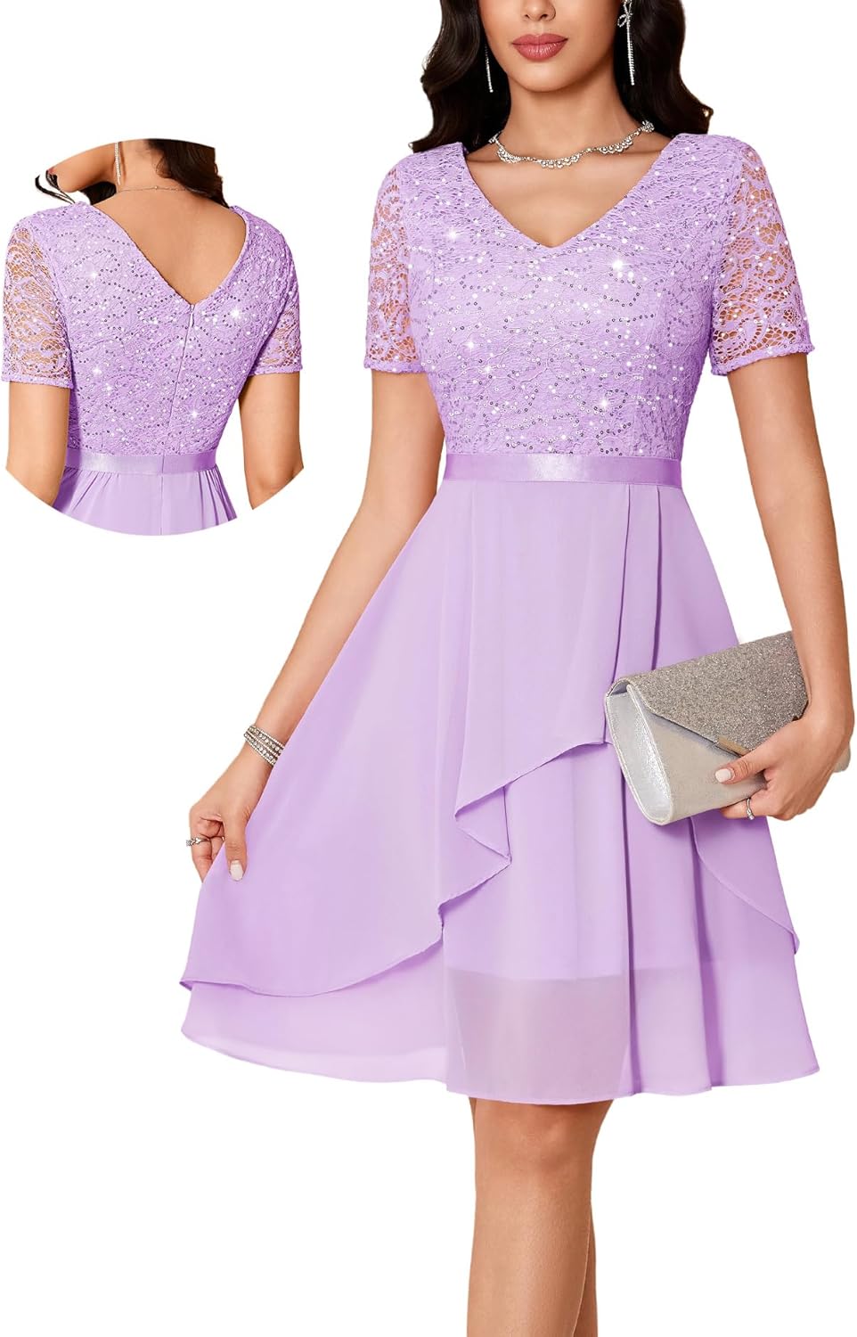 MUADRESS Women's Wedding Guest Dress for Cocktail 2026 A-Line Lace Sequin Chiffon Prom Dresses with V-Neck Short Sleeves