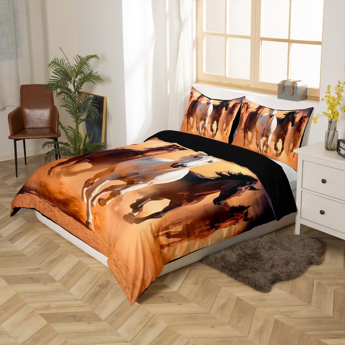 jejeloiu Kids Cute Horse Bedding Set Toddler Size Galloping Horse Bedding Duvet Cover Set Decor Wild Western Cowboy Cute Animal Decor Comforter Cover Set Farmhouse Bedspread Cover 2Pcs,No Comforter