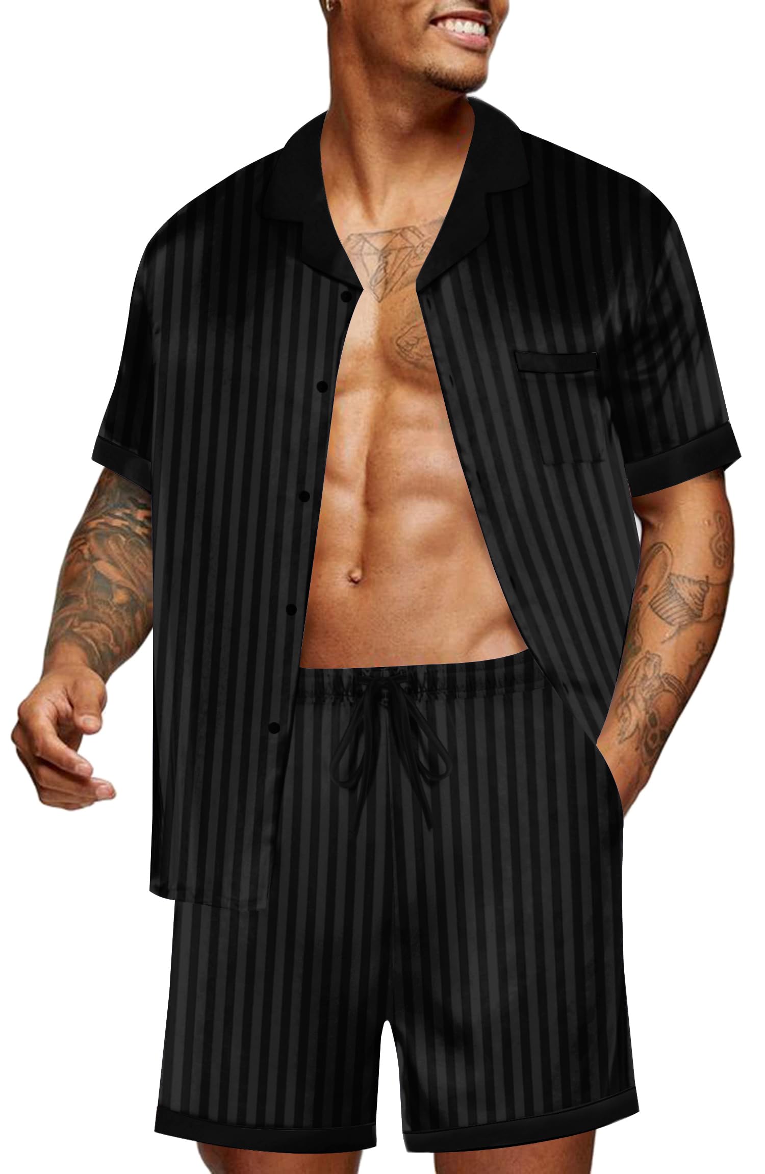 Ekouaer Men Satin Silk Pajamas Set with Pockets Sleepwear Shorts Satin Summer Loungewear 2 Piece Button Down Set S-3XL