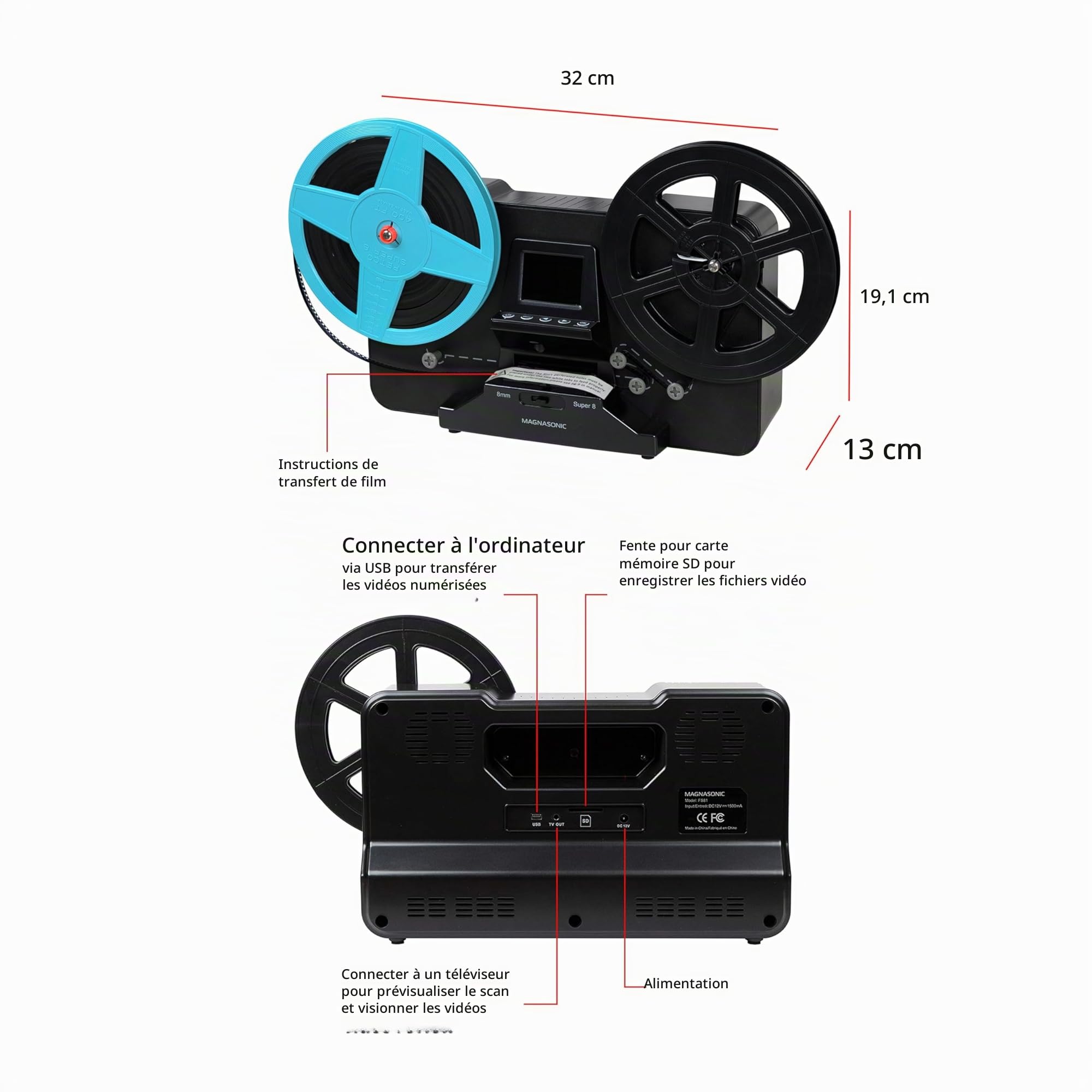 Magnasonic Scanner de Film Super 8/8 mm, convertit Le Film en vidéo numérique, écran Vibrant de 5,8 cm, numérisation et visualisation des bobines de Film Super 8/8 mm (FS81)