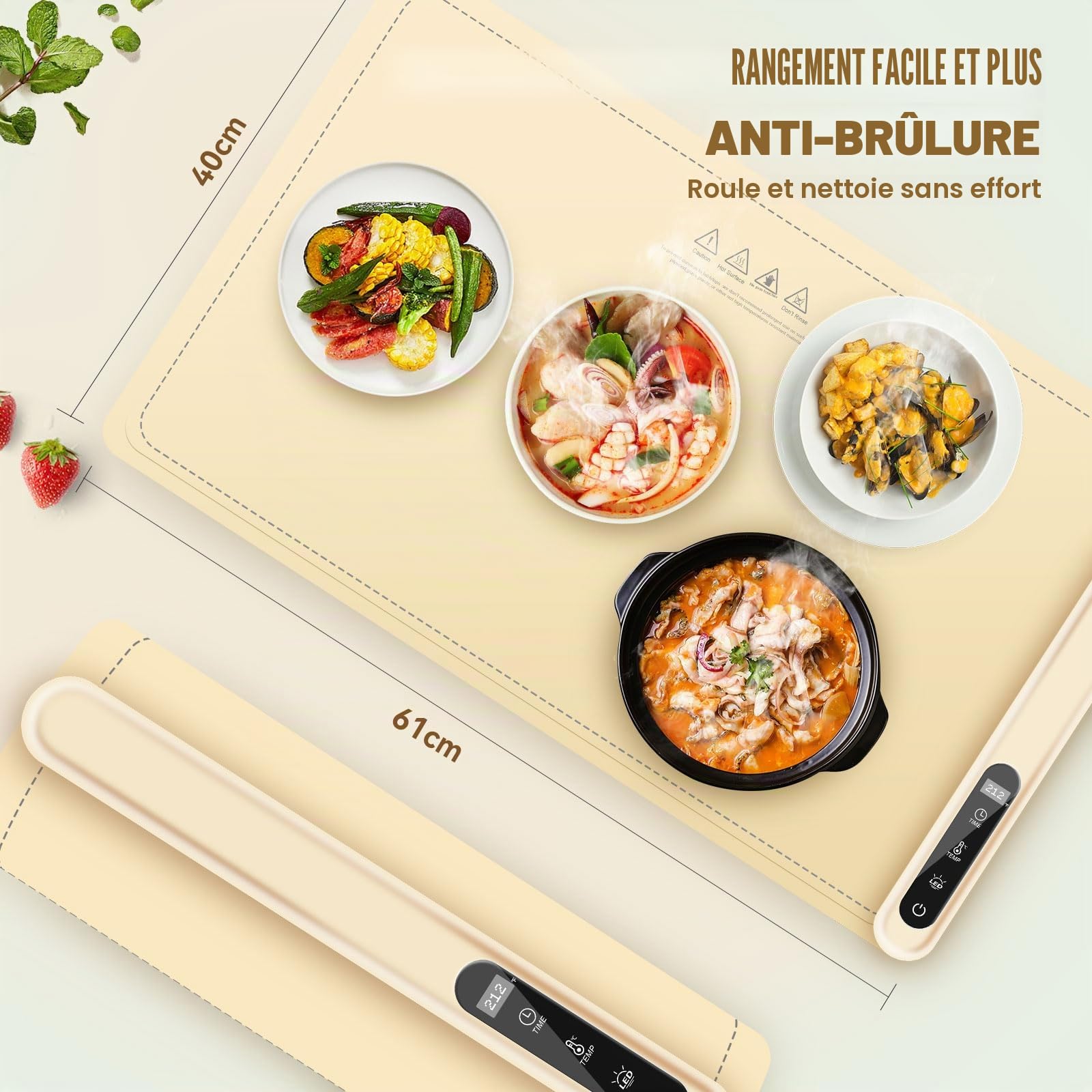 KingSom Chauffe Plat Électrique avec LED lumière, Plateau Chauffant en Silicone Pliable, Température Réglable 50-100°C & 1-6H Minuterie, Plaque Chauffante pour Fêtes, Buffet, Réunions de Famille