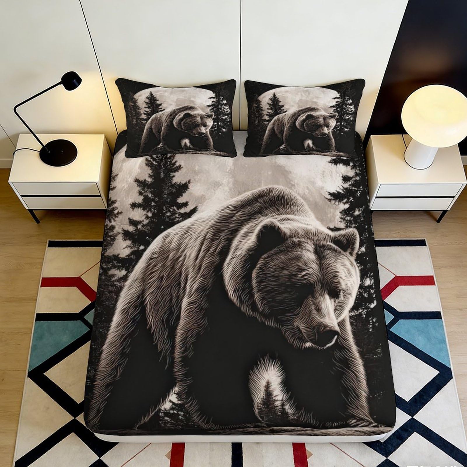 3D Printed Wild Bear Forest Fitted Sheet Microfiber Soft Breathable Woodland Bed Sheet for Bedroom Dorm Decor 90x200x25cm