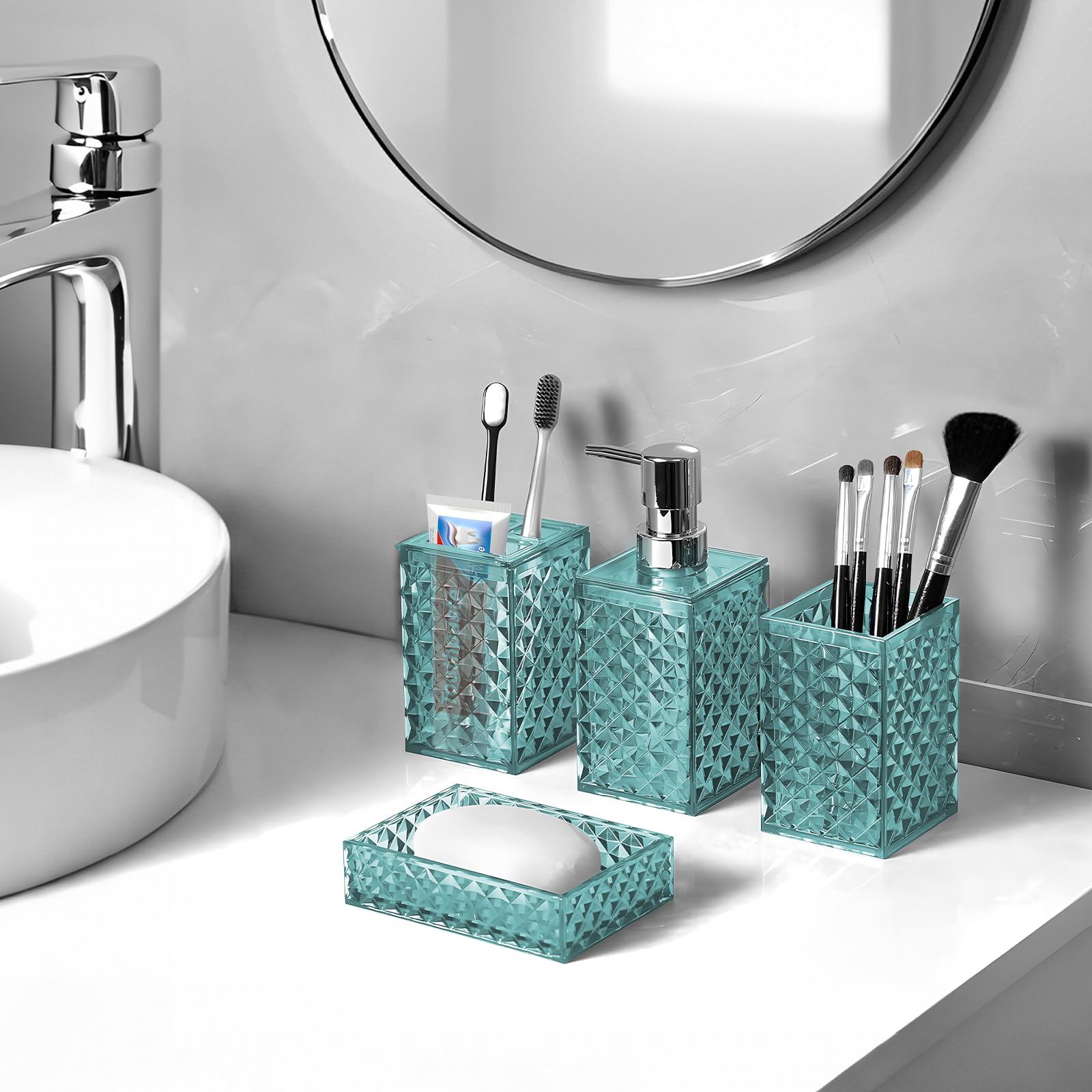 Juego de 4 accesorios de baño, juego de accesorios de plástico transparente azul, dispensador de jabón, soporte para cepillo de dientes, soporte Qtip y jabonera