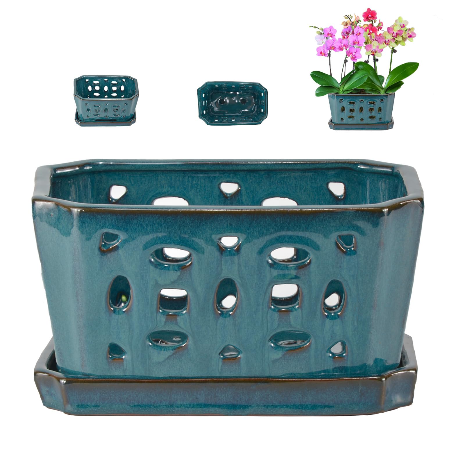 W&W Orchid Pot with Saucer, Teal, 9.7 Inches