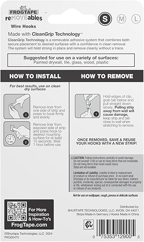Miniatura 9 de FrogTape reMOVEables - Gancho adhesivo sin daños, ganchos de pared de alambre pequeños extraíbles y reutilizables para colgar, sin clavos, incluye 9