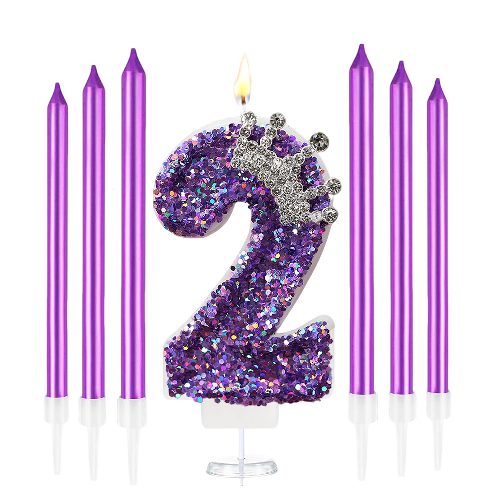 K Pop Number Birthday Candles, Glitter Crown Birthday Candles with 6 Pcs Long Candles, Stylish Kpop Music Themed Cake Topper for Girls Birthday Party Supplies (2 Candle, Holo Purple)