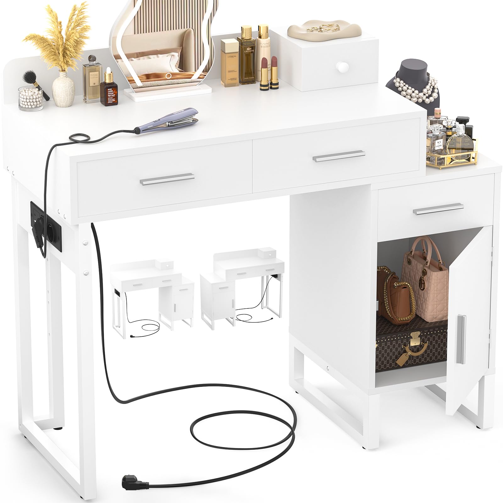 iSunirm Schminktisch ohne Spiegel, Kleiner Kosmetiktisch Weiß mit Steckdosen & 2 USB-Ports, Frisiertisch mit 4 Schubladen und reversiblem Seitenschrank, Vanity Desk/Schreibtisch für Schlafzimmer