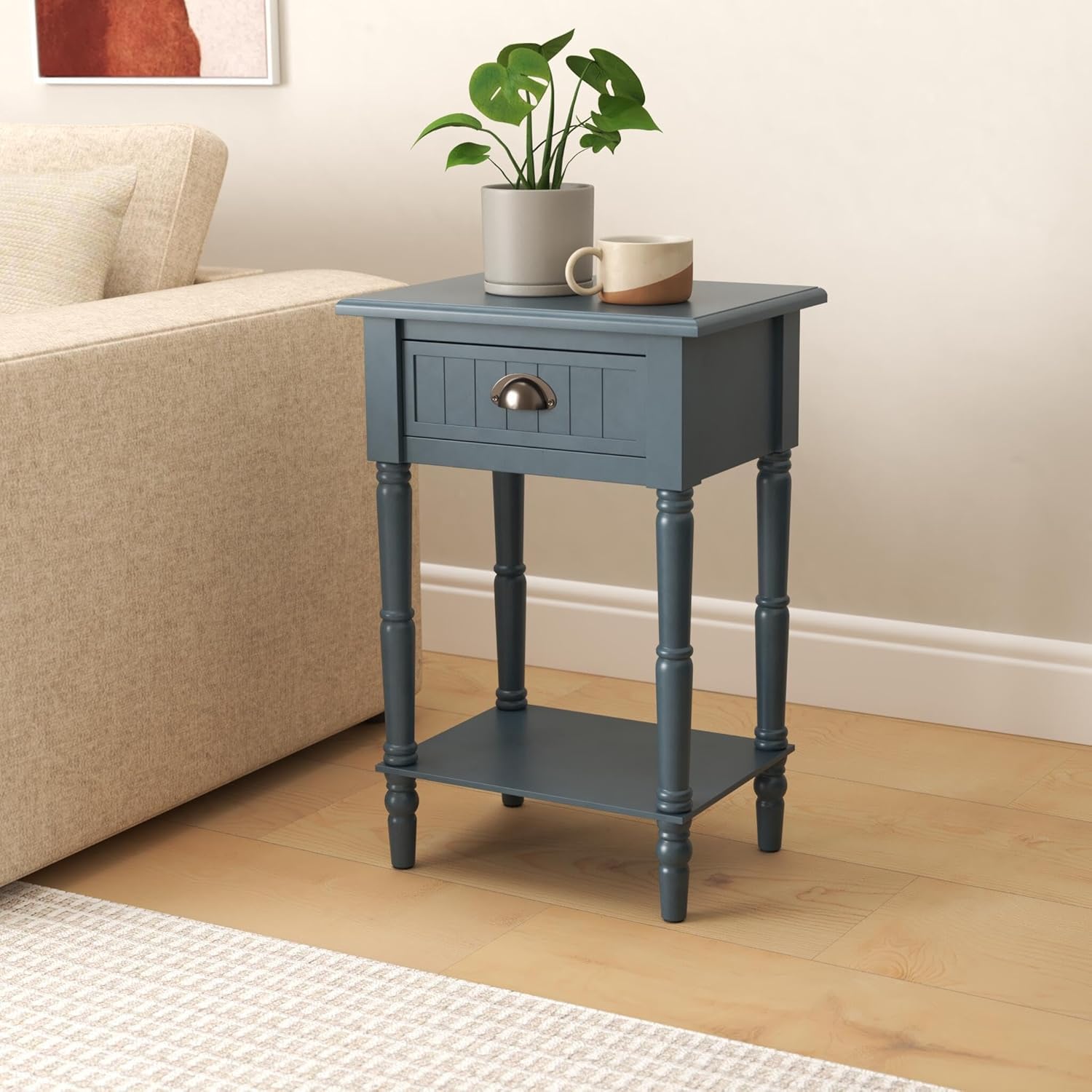 Wooden Side Table With Drawer & 1 Shelf, 2 Tier White End Table With Storage, End Tables With Storage, Wood Side Tables Living Room Table Bedside Table (Grey)