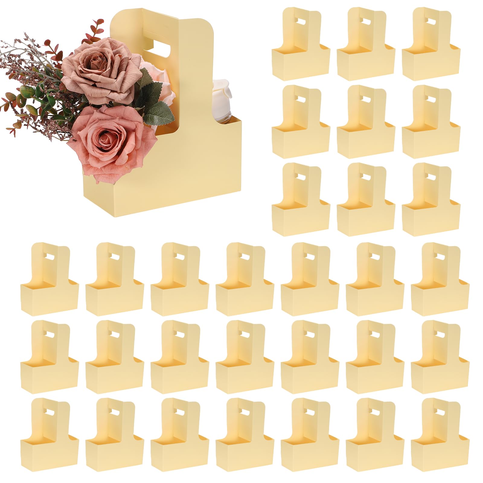 sourcing map 2 Cup Drink Carrier with Handle, 60 Pcs Kraft Paper Flower Gift Bags, Floral Wrap Packing Box, Cardboard Cup Holder Portable for Coffee Tea Bouquet Birthday Party, Beige