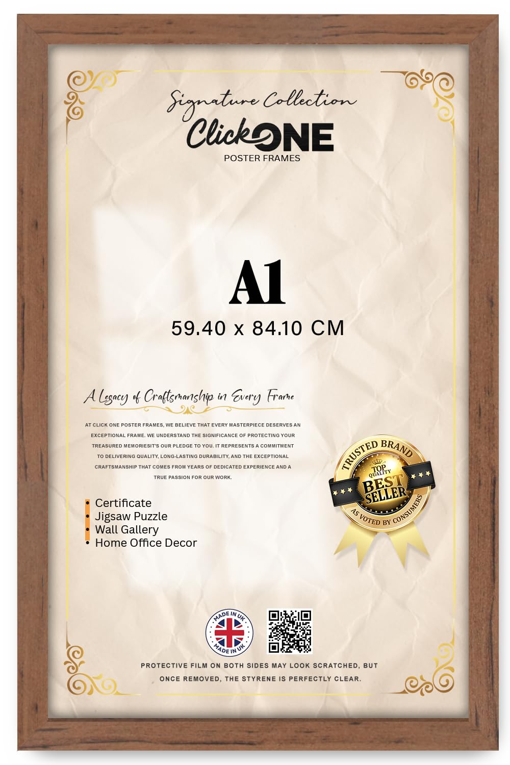 Click One — Modern Engineered Wood Finish A1 (59.40 X 84.10 CM) Picture Frame | Wall Decor 33 X 23 Inch Portrait|Landscape Display Ideal For Posters And Art Walnut Finish — Slim Profile