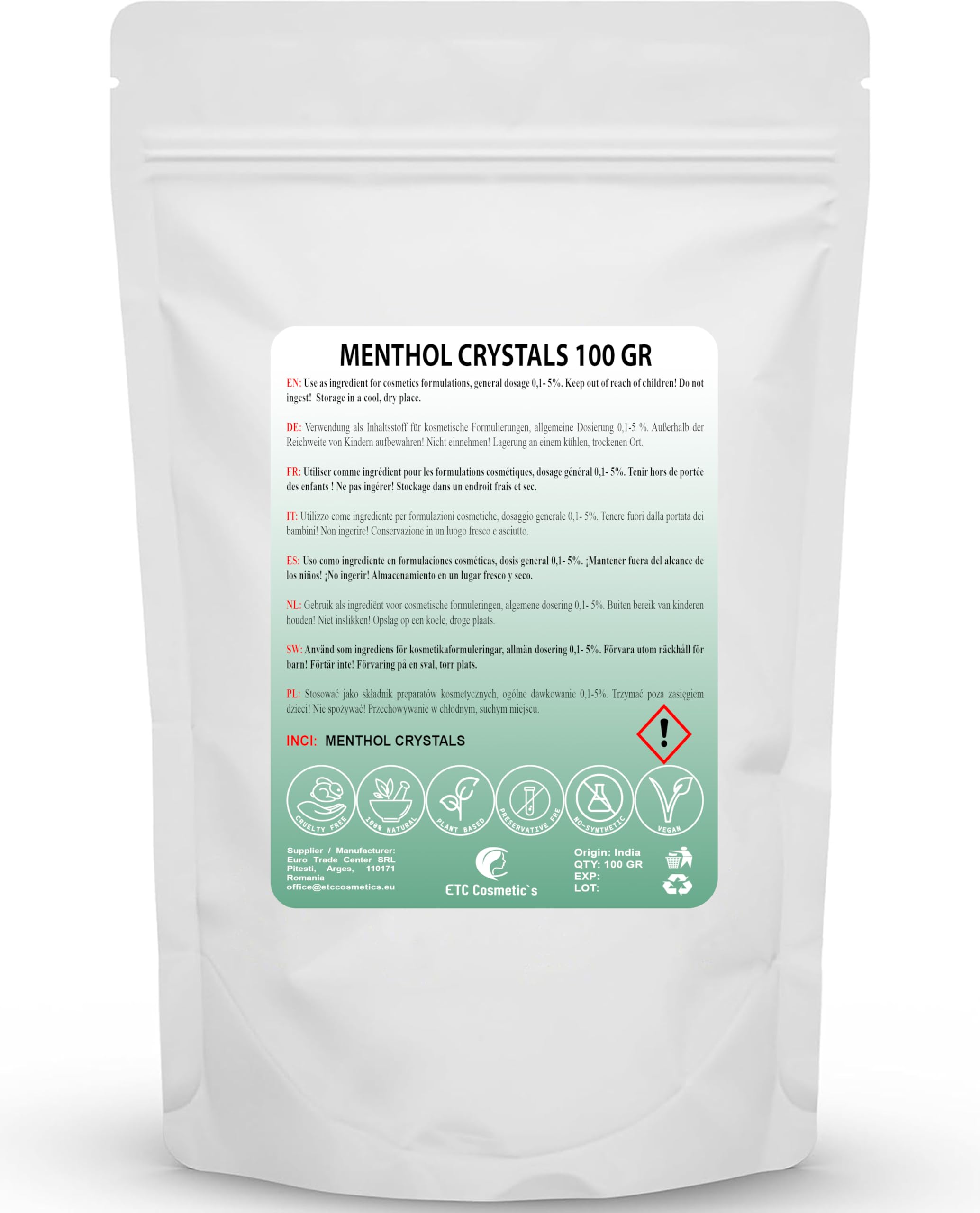 Cristales de Mentol - 100 gr - Efecto refrescante y refrescante, Utilizado como ingrediente en formulación cosmética, accesorios de sauna, infusión de sauna, aceite de menta 100% natural