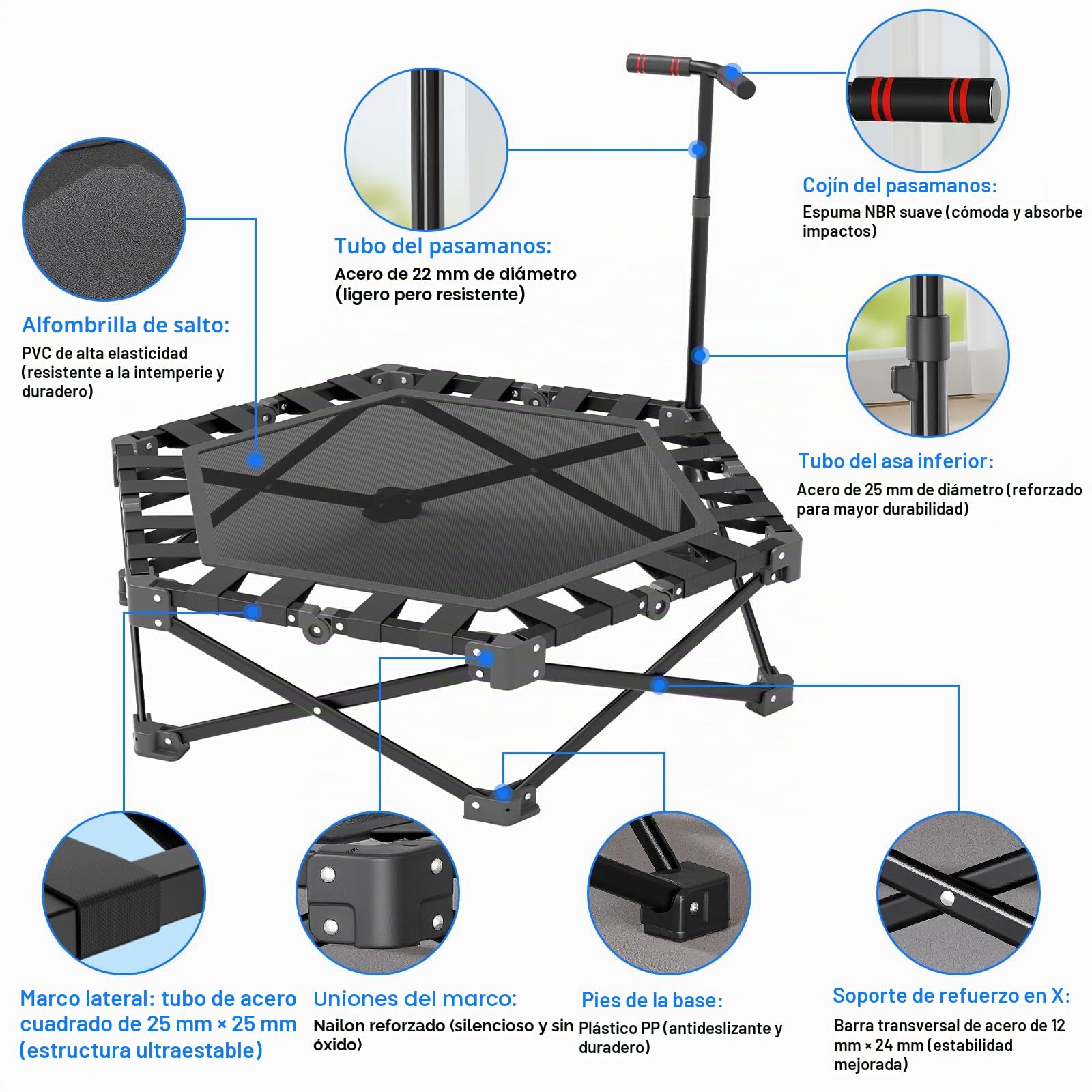 Trampolin de Fitness Plegable, Mini Cama Elastica para Interior 106 cm con Barra Ajustable en 3 Alturas, Estructura en X Extra Resistente Soporte Máximo 275 kg