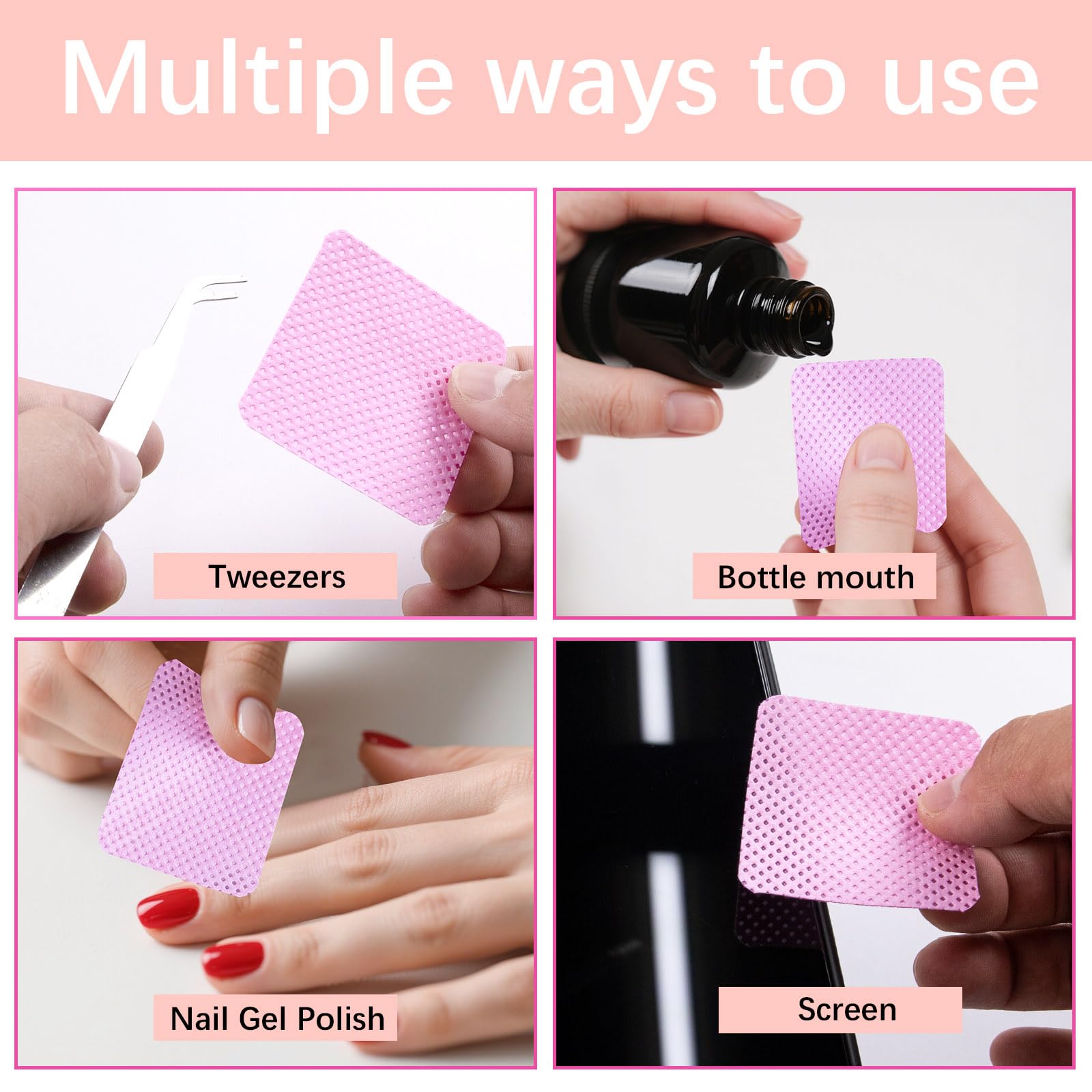 1500 toallitas para uñas sin pelusas, color rosa, sin pelusas, para uñas de gel, quitaesmalte, extensiones de pestañas, pegamento para uñas, suministros de almohadillas de limpieza