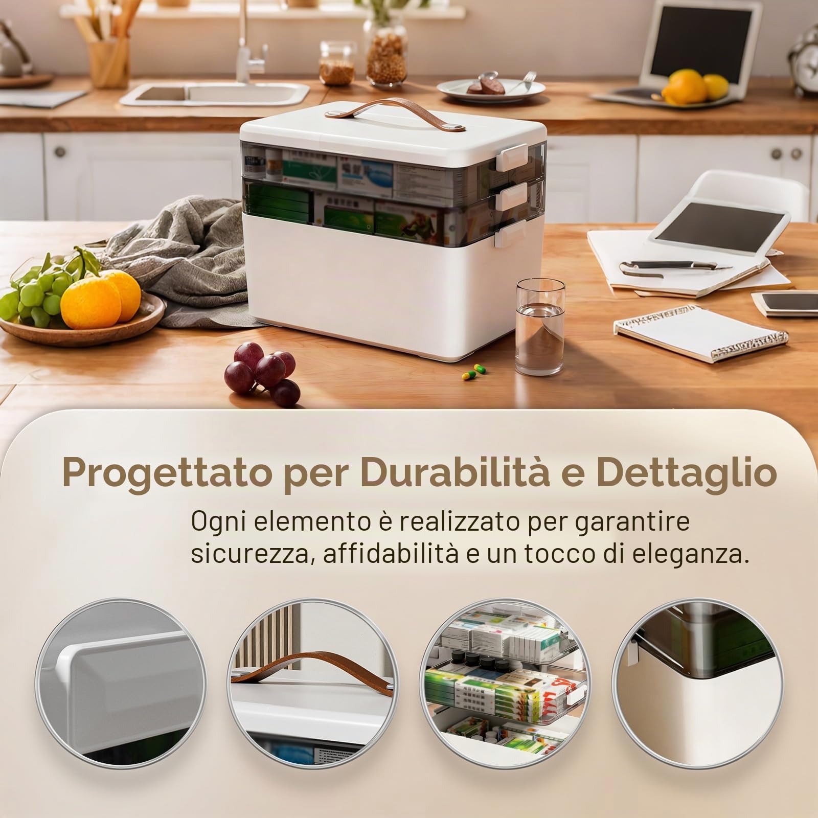 Scatola medica a 3 strati, grande volume, con 28 scomparti, per medicinali, primo soccorso, in plastica, con manici, per la casa, l'ufficio