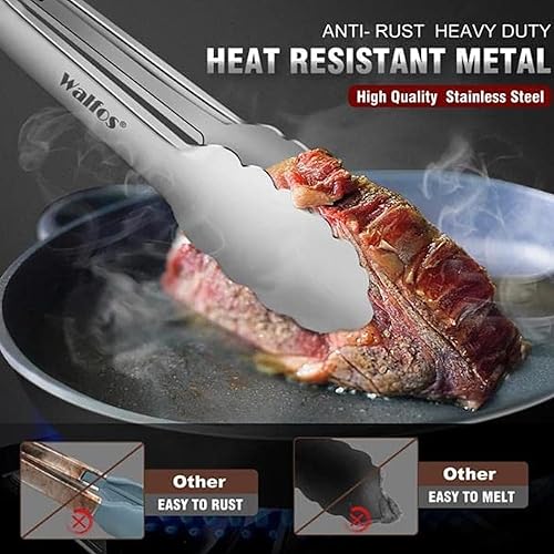 Miniatura 7 de Walfos Pinzas de cocina de acero inoxidable para cocinar, 7, 9 y 12 pulgadas, pinzas de metal de grado alimenticio para cocinar, barbacoa, juego de
