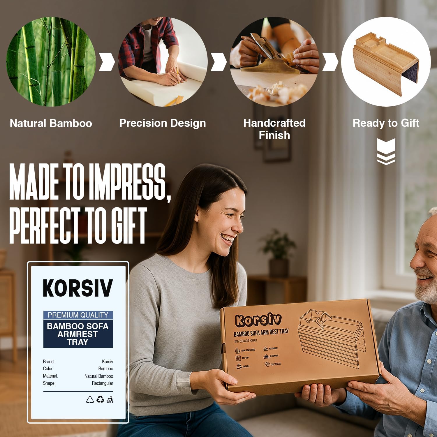 Bamboo Sofa Armrest Tray - Couch Arm Tray with Detachable Couch Cup Holder - 2 in 1 Anti-Slip Foldable Sofa Armchair Caddy Table - Cup Holder for Drinks Cellphone TV Remote Snacks