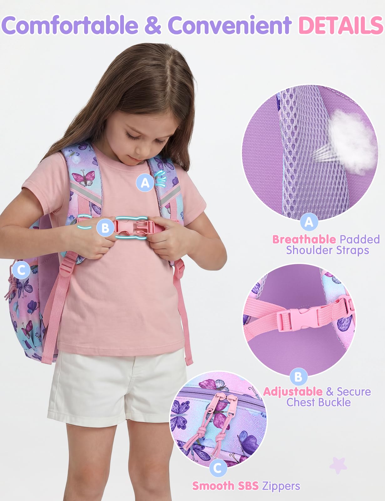 Cartable Fille Primaire, 13,2L Sacs à Dos Enfants Fille 6-8 Ans Imperméable Léger avec Sangle de Poitrine pour CP-CE2 Voyage Format A4 Papillon