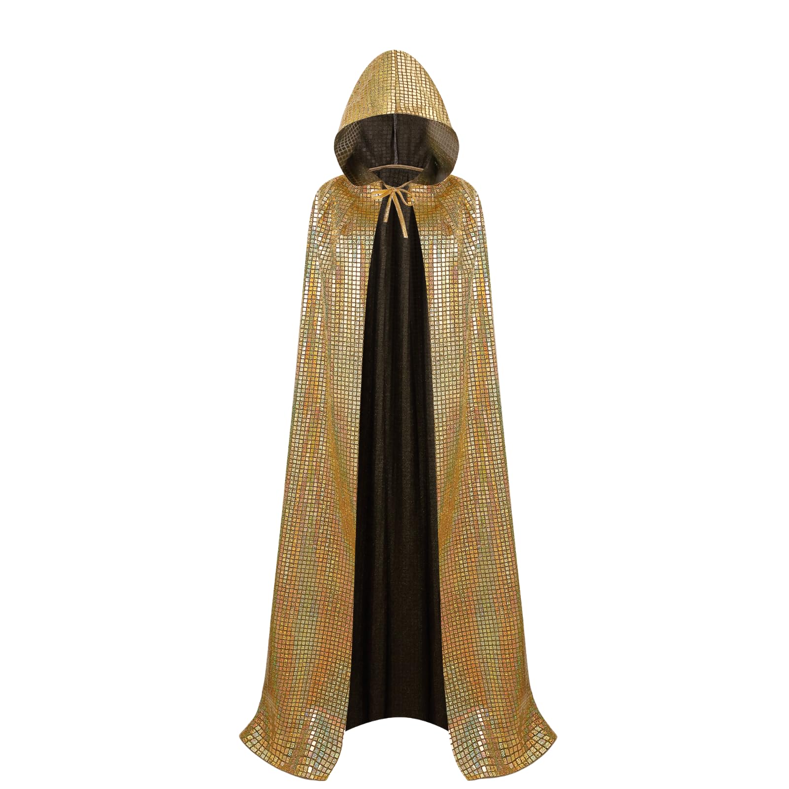 RRCBMD Adult Unisex Full Length Hooded Cloak Large Grid Gold Sparkle Shiny Cape with Hood Women Men Halloween Mardi Gras Wizard Cosplay Costume 47.2Inch