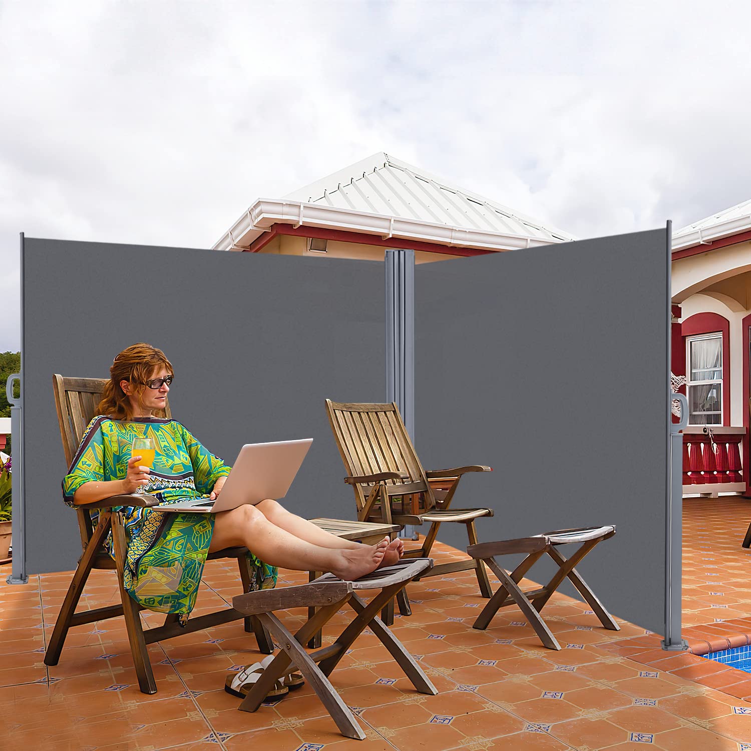 Herrselsam Store latéral Double, 160x600cm Extractible Brise-Vue Pare-Soleil, Protection Solaire, Brise-Vent, Vertical pour Jardin, Balcon, Terrasse, Gris
