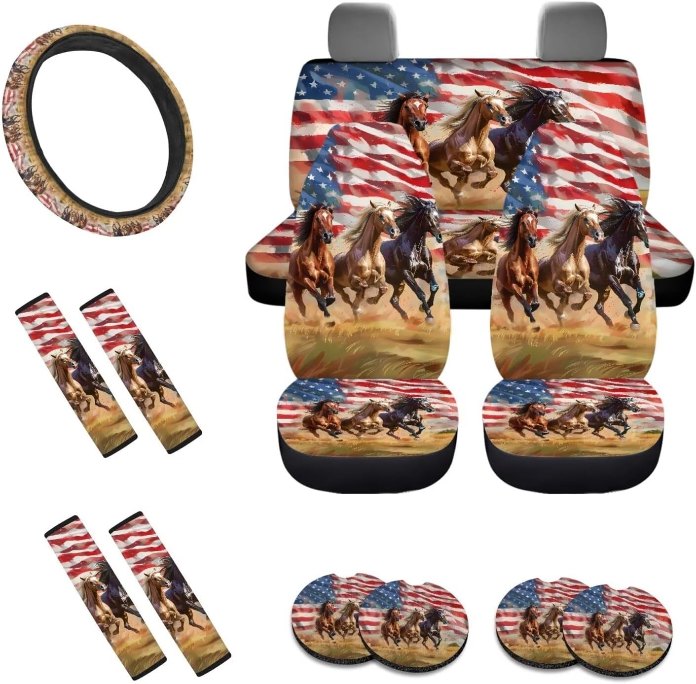 Horse American Flag Print Car Seat Covers Full Set, Auto Accessories Pack of 13, Breathable Steering Wheel Cover, Seat Belt Covers, Coasters with A Finger Notch, Universal Fit Most Cars