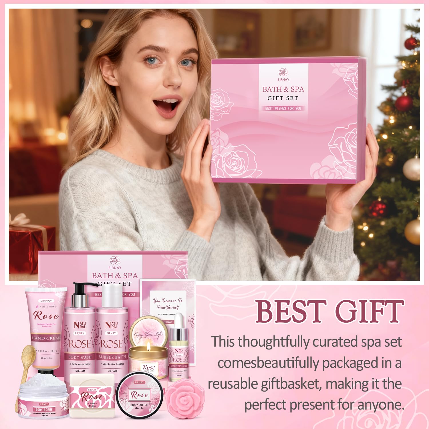 Gifts for Women, 12 PCS Birthday Gifts for Women Rose Relaxing Spa Basket Self Care Package for Her Mom Sister Wife Friend Unique Mothers Day Valentine Gift Ideal - Image 7