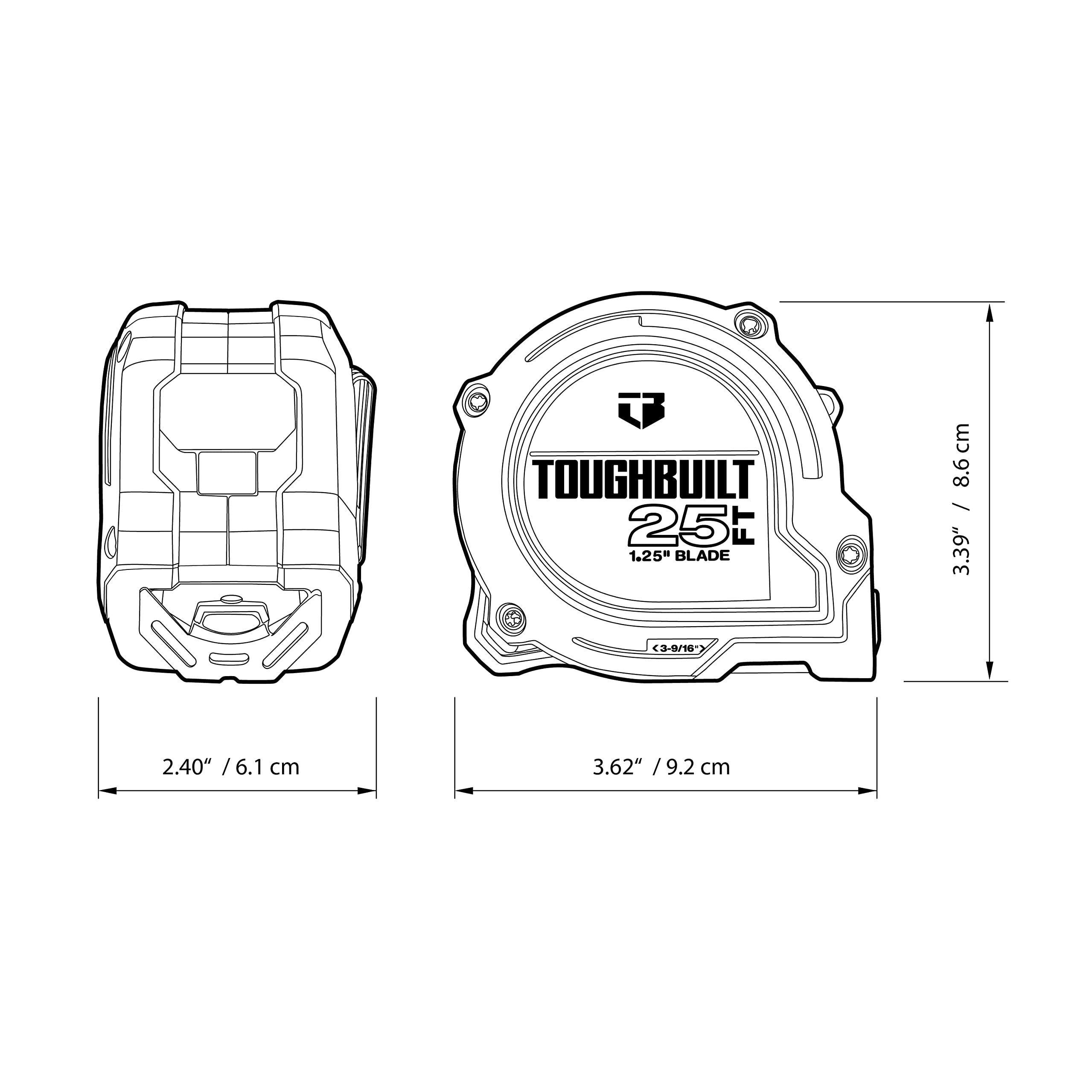 ToughBuilt ProBlade Maßband mit Klingensteuerung, leicht ablesbare 3,2 cm breite Klinge mit doppelseitigen kontrastreichen Markierungen (TB-H2-T-12225)