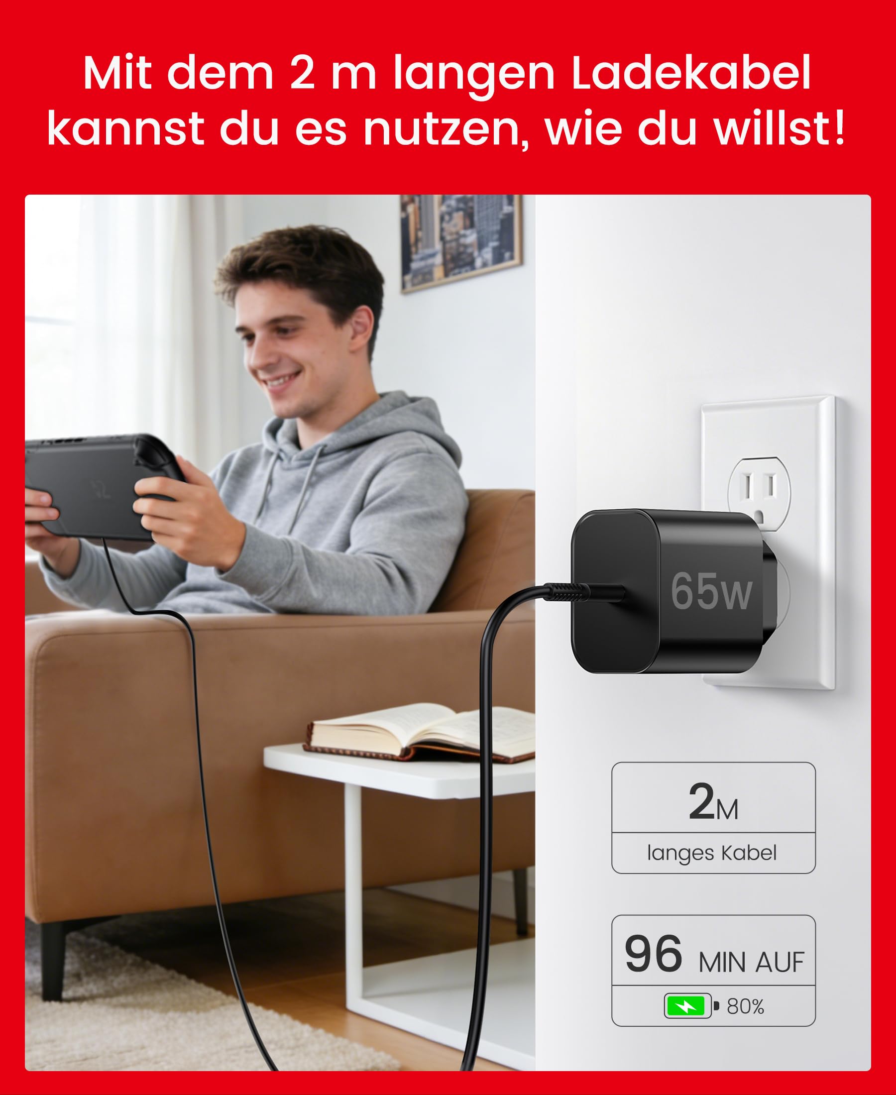 HELLCOOL 65W Switch 2-Netzteil mit 6,6ft (2m) Ladekabel – GaN 3.0 AC Adapter Ladegerät für Nintendo Switch 2/OLED/Lite, Steam Deck, ROG Ally – Unterstützt 4K TV Docking Modus – PD3.0 Schnellladung