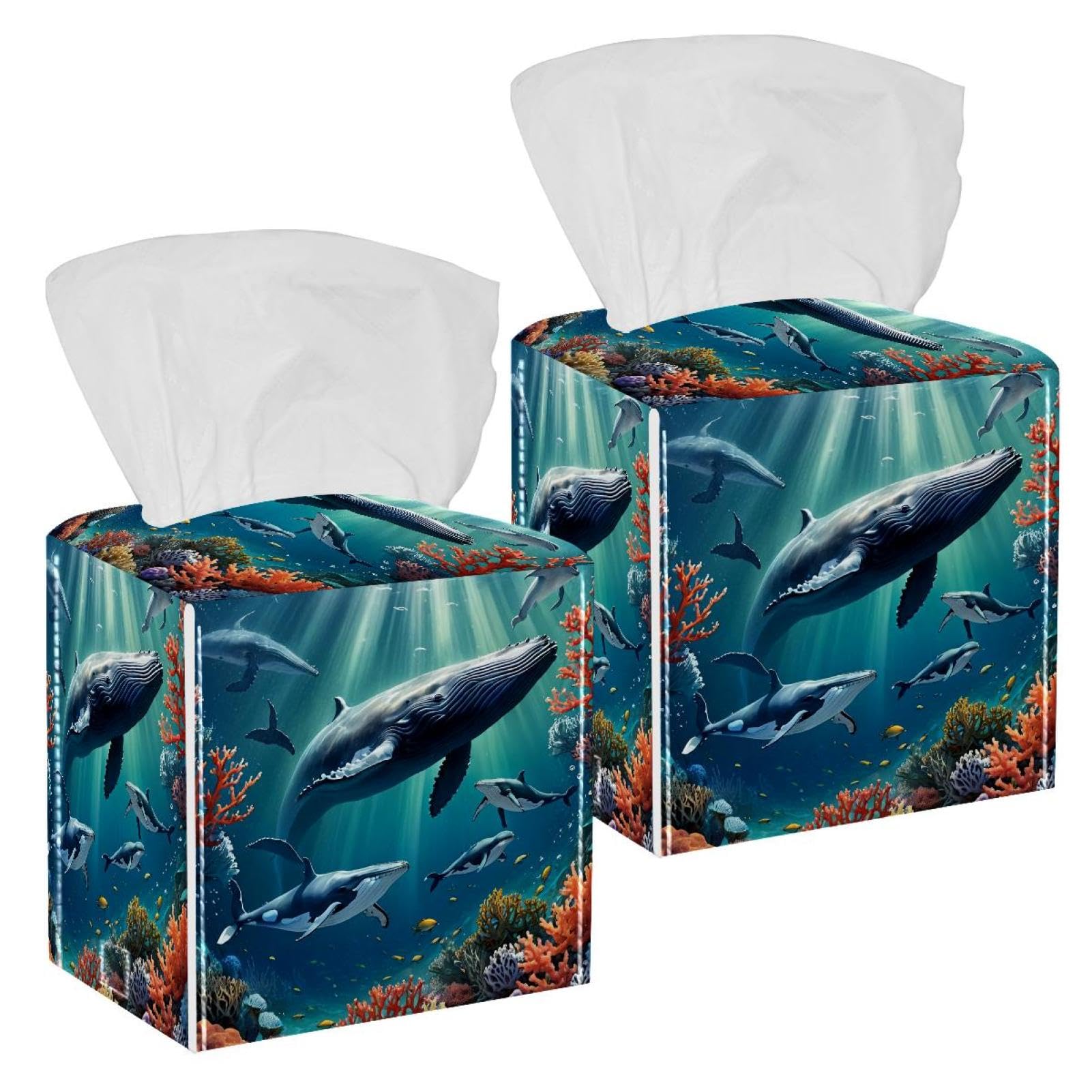 Cute Whale Tissue Box Cover, 2 Pack PU Leather Square Facial Tissue Dispenser Box holder for Home Office Car