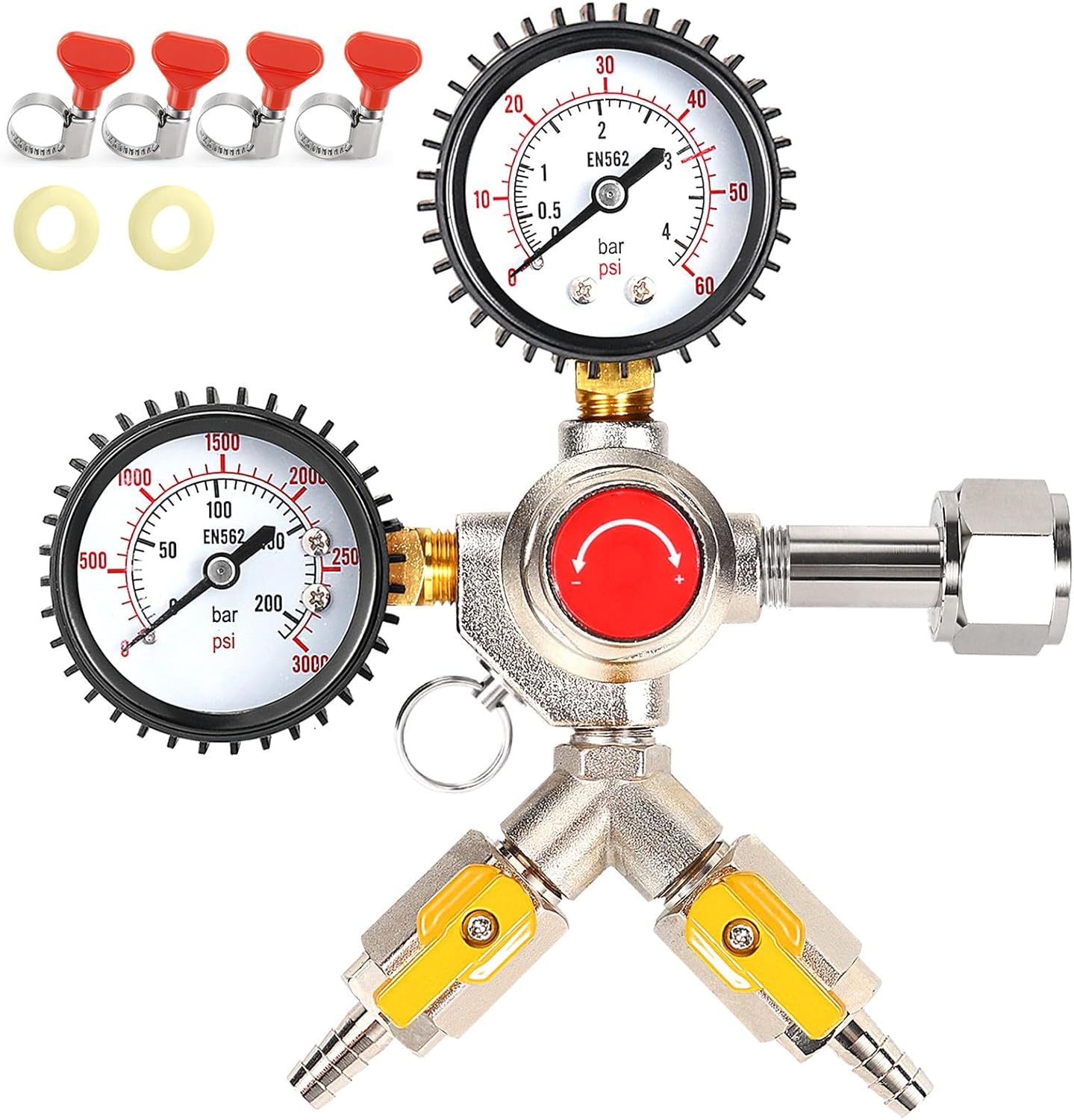 Y-Shaped CO2 Regulator for Kegerator Dual Output CGA-320 Keg Regulator with Safety Valve CO2 Beer Keg Regulator with 0-55PSI Working Pressure