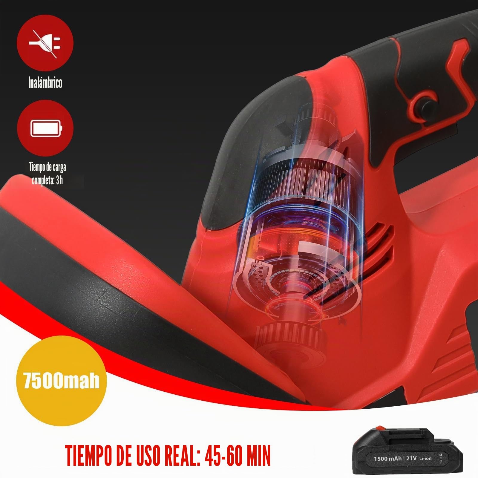 Tamaño seto batería de 21 V, 680 W, corta-setos eléctricos inalámbricos con 7500 mAh, longitud de corte 55 cm, hoja asimétrica, separación de 15 mm, cortasetos inalámbricos, tijera para jardín y