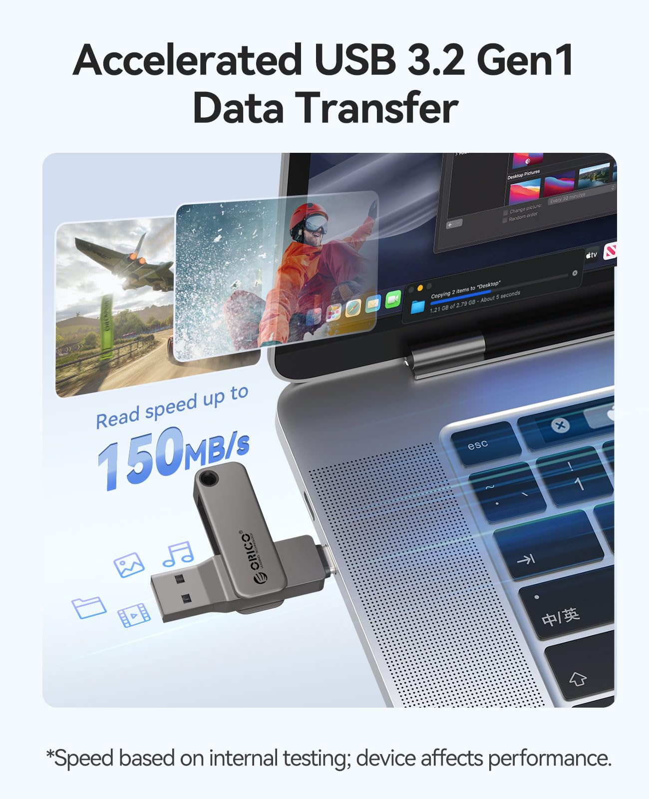 ORICO Pamięć USB 256 GB, mini pamięć USB 3.2 Gen 1 (podwójny USB-C/USB-A), przenośny napęd na pióra, odczyt 150 MB/s, kompatybilny z iPhone 15/16/17, Android, tabletem, laptopem- szary-EB05