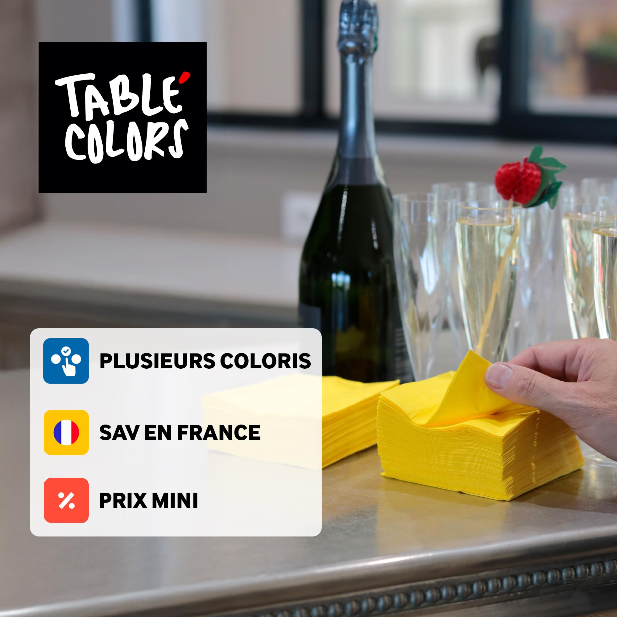 300 Mini-serviettes cocktail en papier - Jaune 20 X 20 m - Fabriquée en France - Douces et Absorbantes - Double épaisseur - Anniversaire - Pique-nique - Mariage - Essuie-tout - Table'Colors