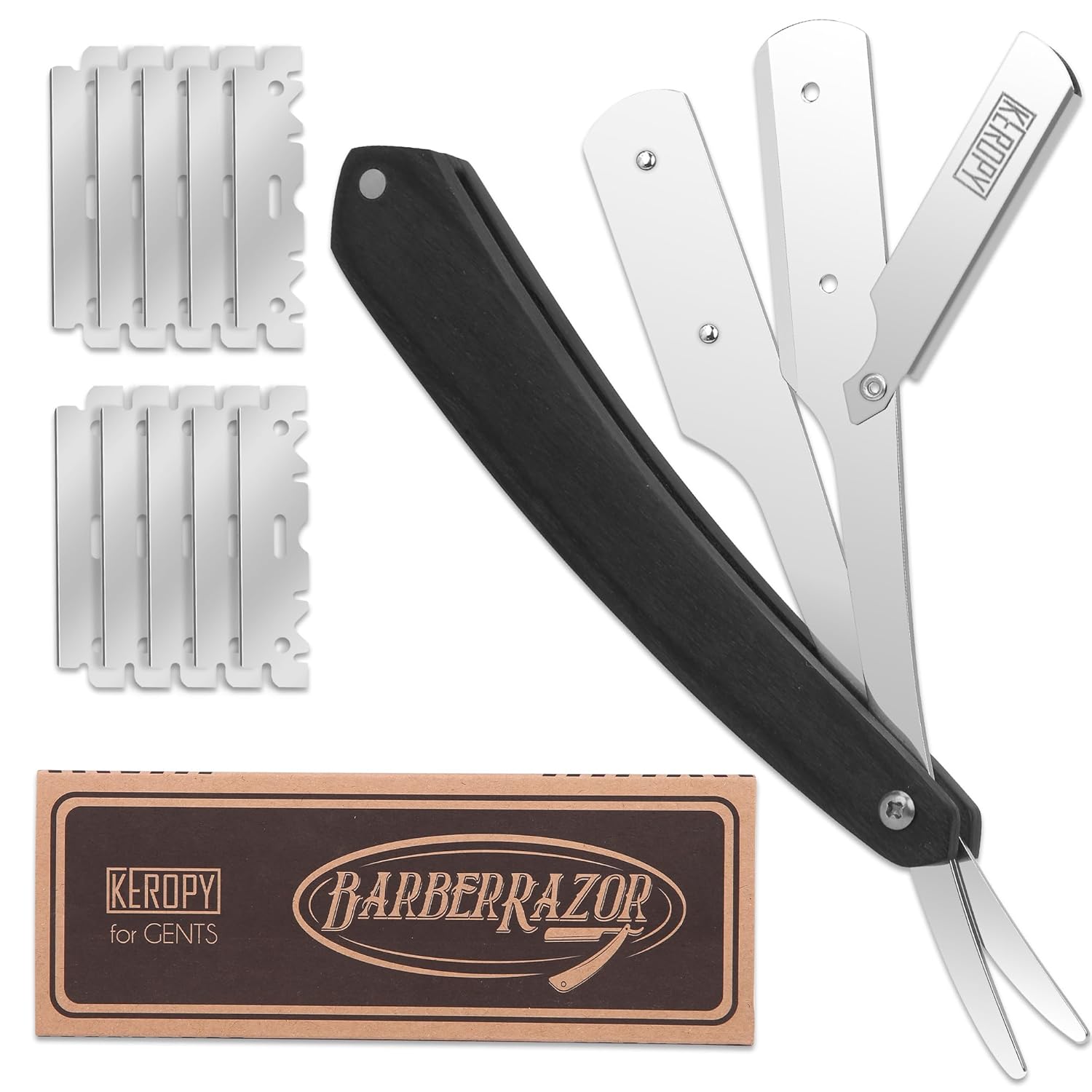 Straight Razors For Men - Black Wooden Handle - Professional Barber Grade with 10 Straight Edge Blades - Stainless Steel shavette - straight razor kit & beard trimmer & beard straight razor