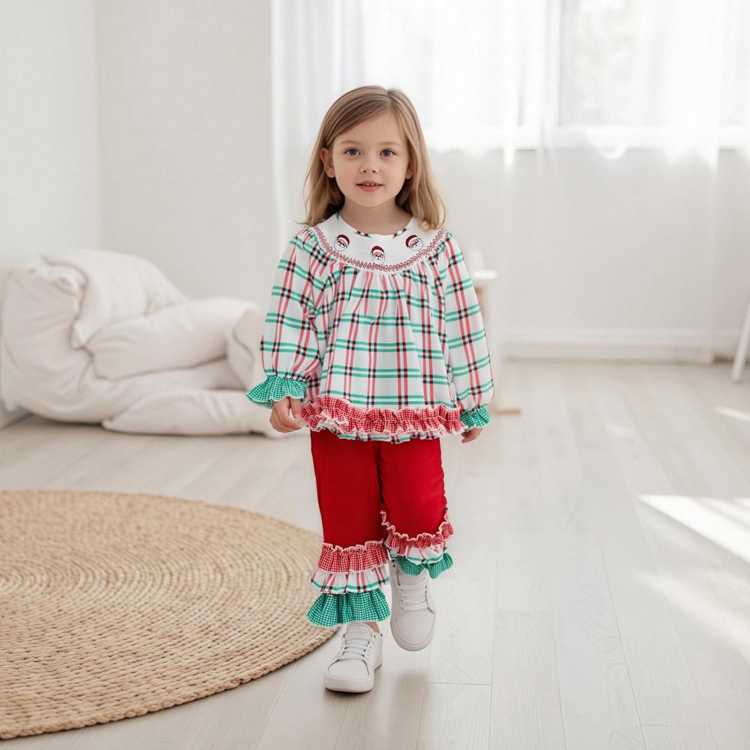 Toddler Girl Christmas Outfits Tree Santa Embroidery Shirts Tunic Top and Ruffle Pant 2Piece Holiday Clothes Set - Image 6