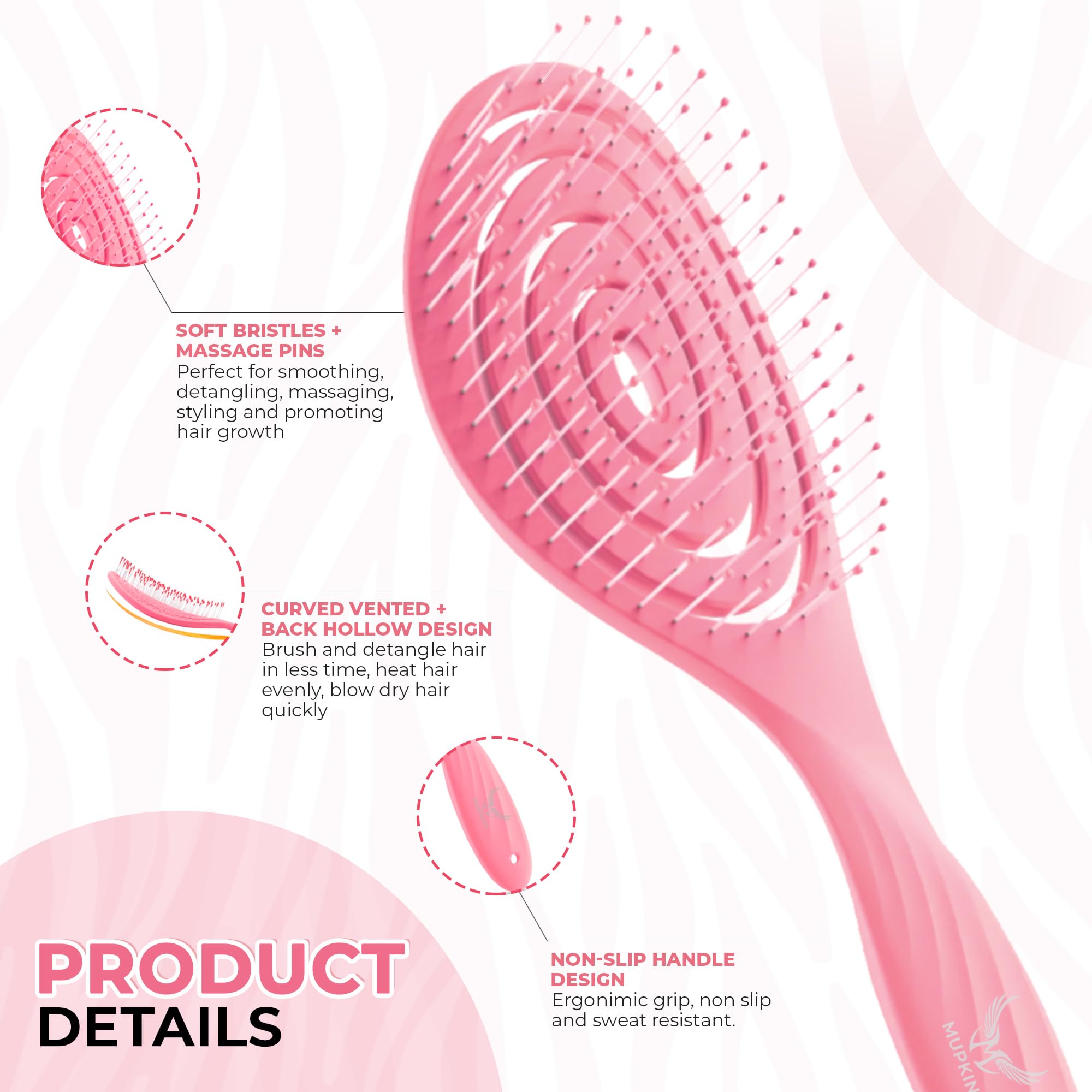 Mupkins Detangling Hair Brush for Women Men & Children, Detangle Hair Brush with Soft Bristles for Curly Straight, Thick - Image 3
