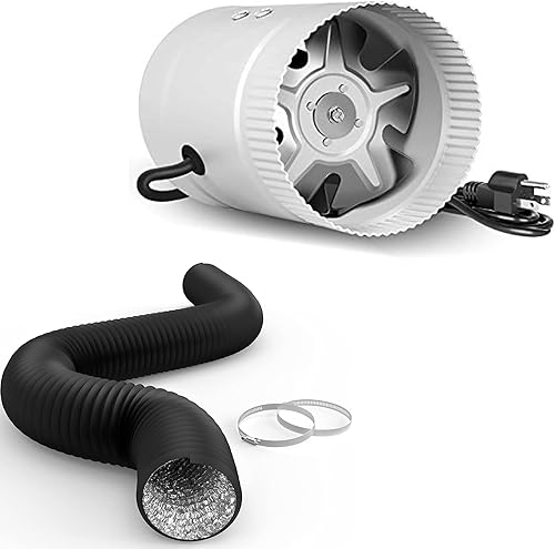 iPower Ventilador de conducto de refuerzo en línea de 4 pulgadas, conducto de aluminio flexible y de bajo ruido de 8 pies para ventilación de escape