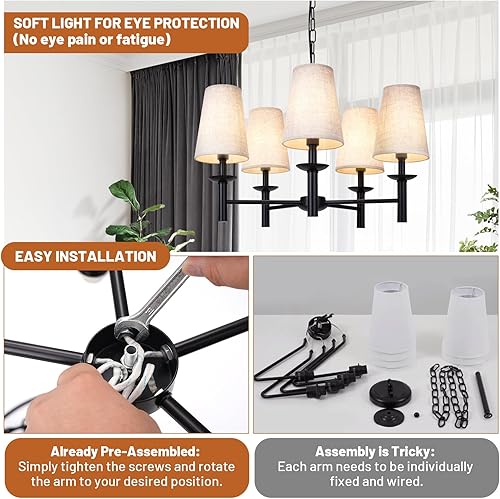 Miniatura 4 de Lámpara de araña moderna de 5 luces con pantalla de tela blanca, lámpara colgante lineal de metal negro para comedor, lámpara colgante industrial
