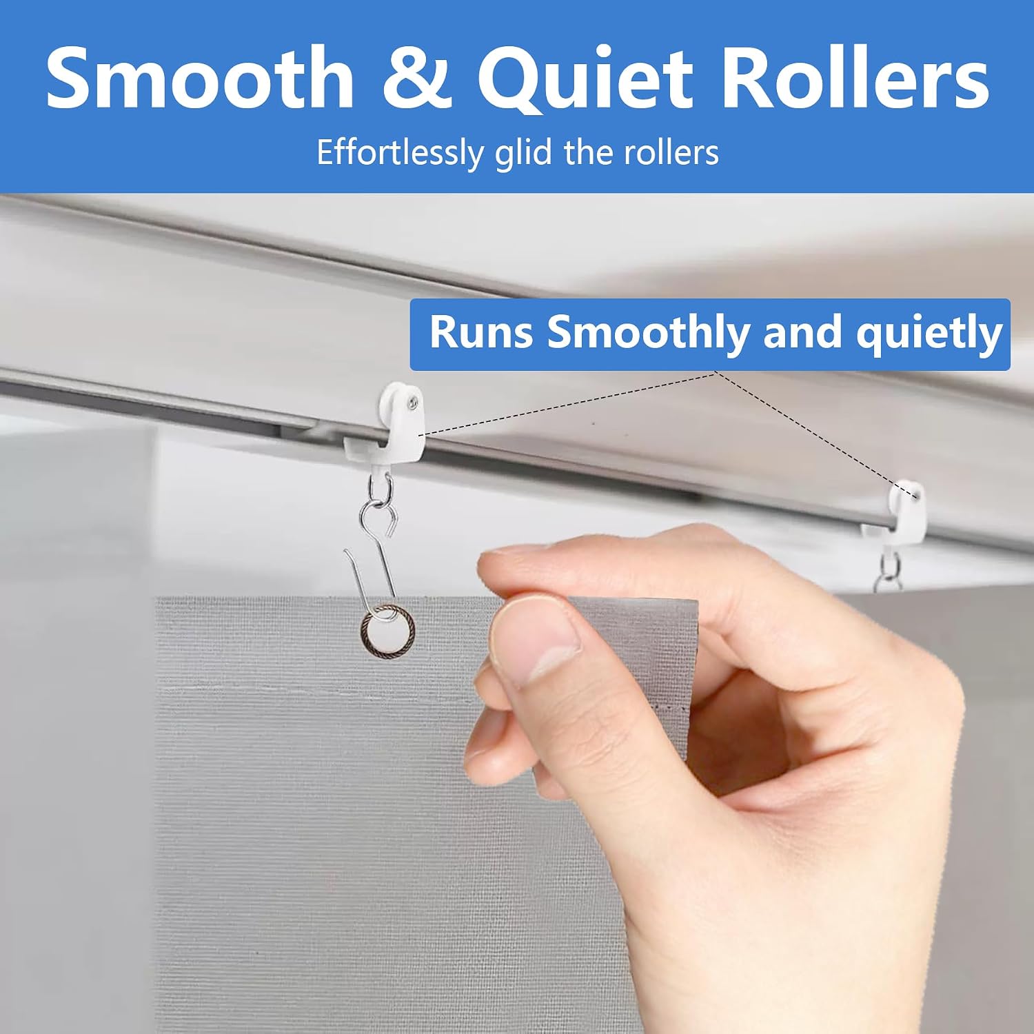 60 Pcs Ceiling Curtain Track Rollers and Hooks Accessories Sets - 30 Pcs Smooth Rollers with 30 Pcs Metal S Hooks, Strong and Heavy-Duty, White