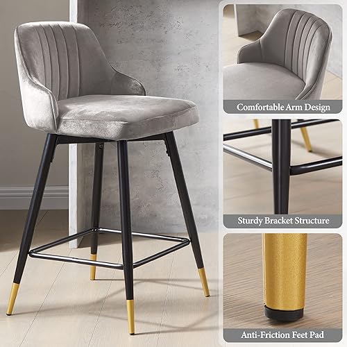 Miniatura 8 de Juego de 2 taburetes de bar giratorios de altura de mostrador con respaldo bajo y cómodas sillas de bar, sillas de bar de terciopelo, patas de metal