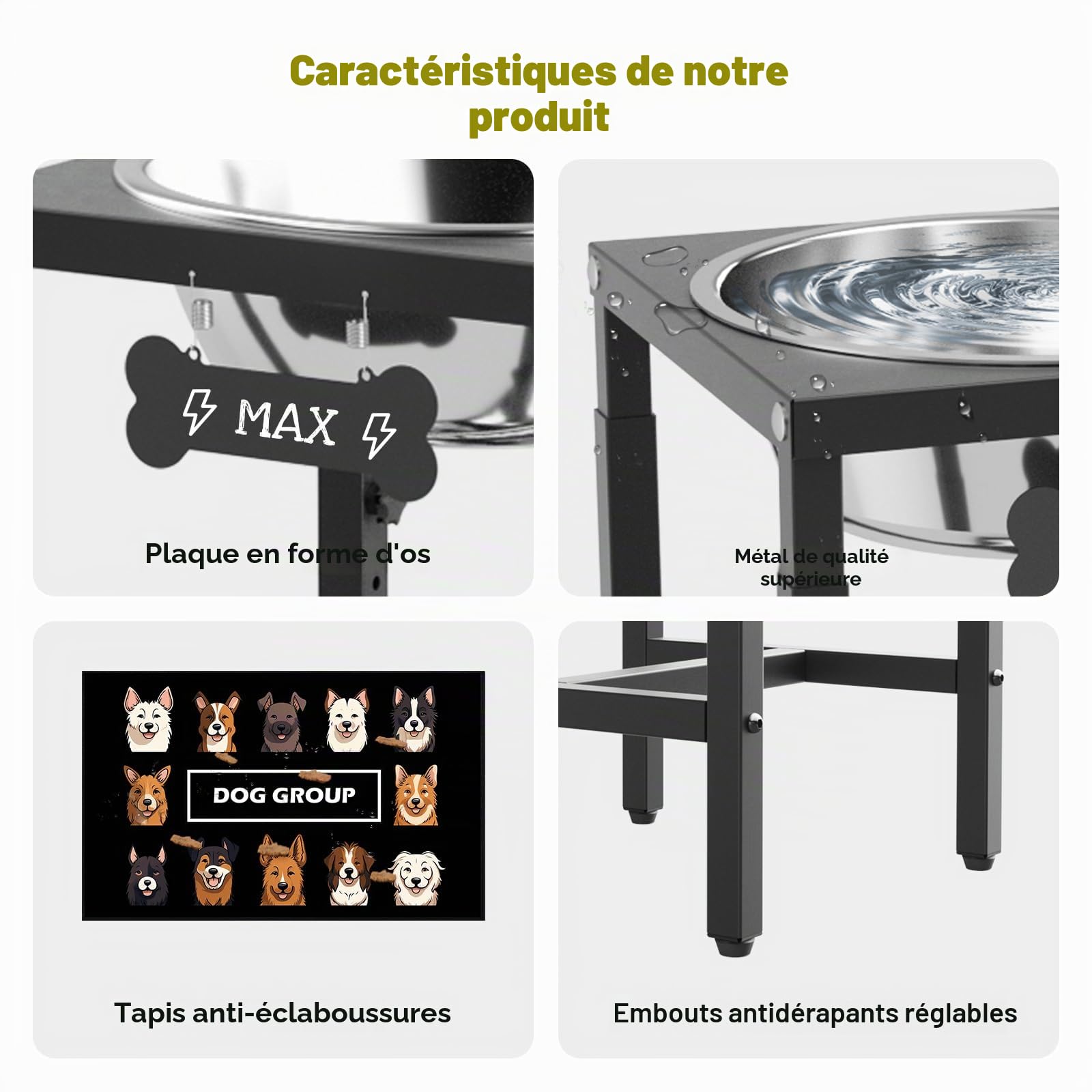 ADENGL Gamelle d'eau surélevée de 5 litres pour grands chiens, 4 hauteurs réglables (33 à 45,7 cm), bol surélevé en acier inoxydable avec tapis anti-déversement et support en métal robuste, mangeoire