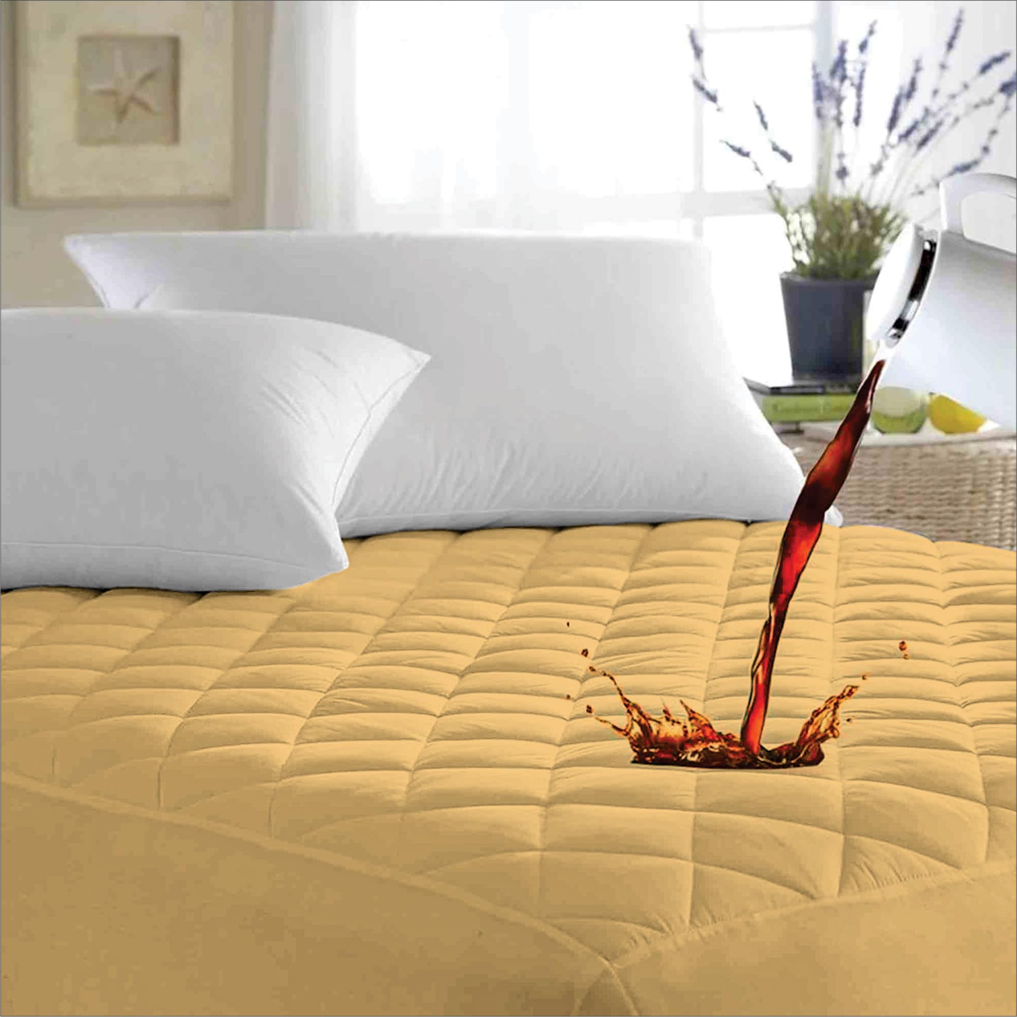 Ayka 100% Waterproof Queen Size 72x60 inch Cotton Quilted Mattress Protector Breathable Hypoallergenic Noiseless Ultra Soft Elastic Fitted Bed Protector Mattress/Bed Cover (Beige, Queen (72 * 60"))