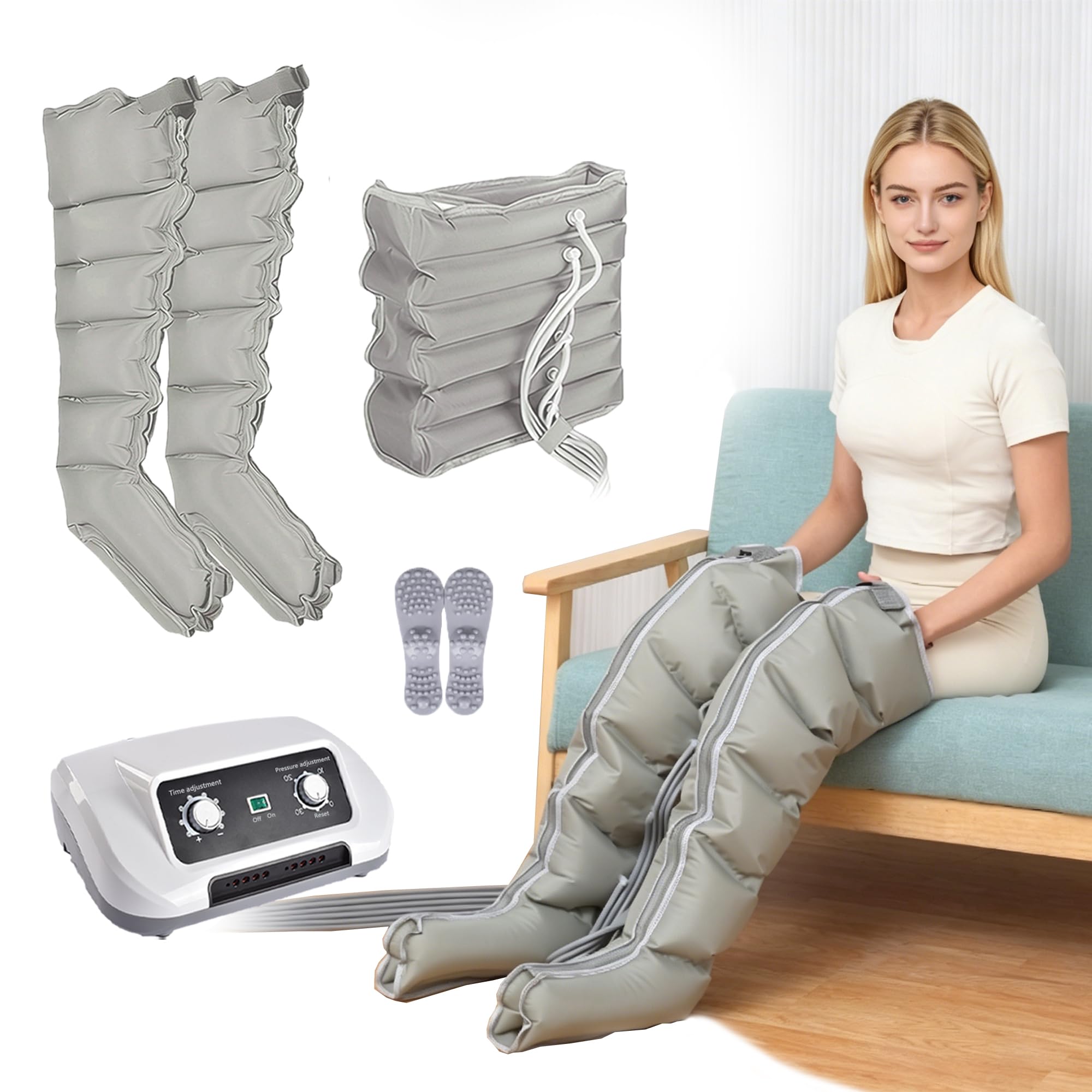Dispositivo di drenaggio linfatico, massaggiatore a 6 camere per gambe a casa, massaggiatore a compressione per gambe, addome, lipedema, riduzione della stanchezza (grigio, 2 gambe + vita, XL)