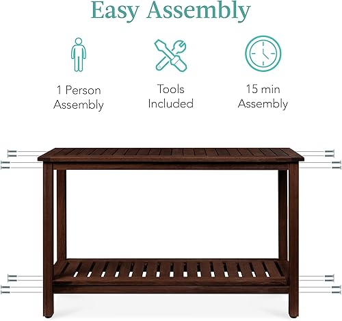 Miniatura 7 de Best Choice Products Mesa consola de madera de eucalipto de 48 pulgadas, 2 estantes, para interiores y exteriores, organizador de almacenamiento