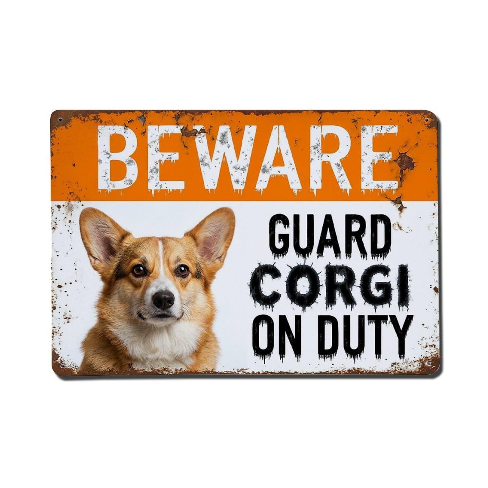 Vintage Funny Corgi Guard Beware of Dog Area Metal Tin Sign Plaque Wall Decor for Cafe, Club Bar, Office, Garden Metal Poster 8x12Inch