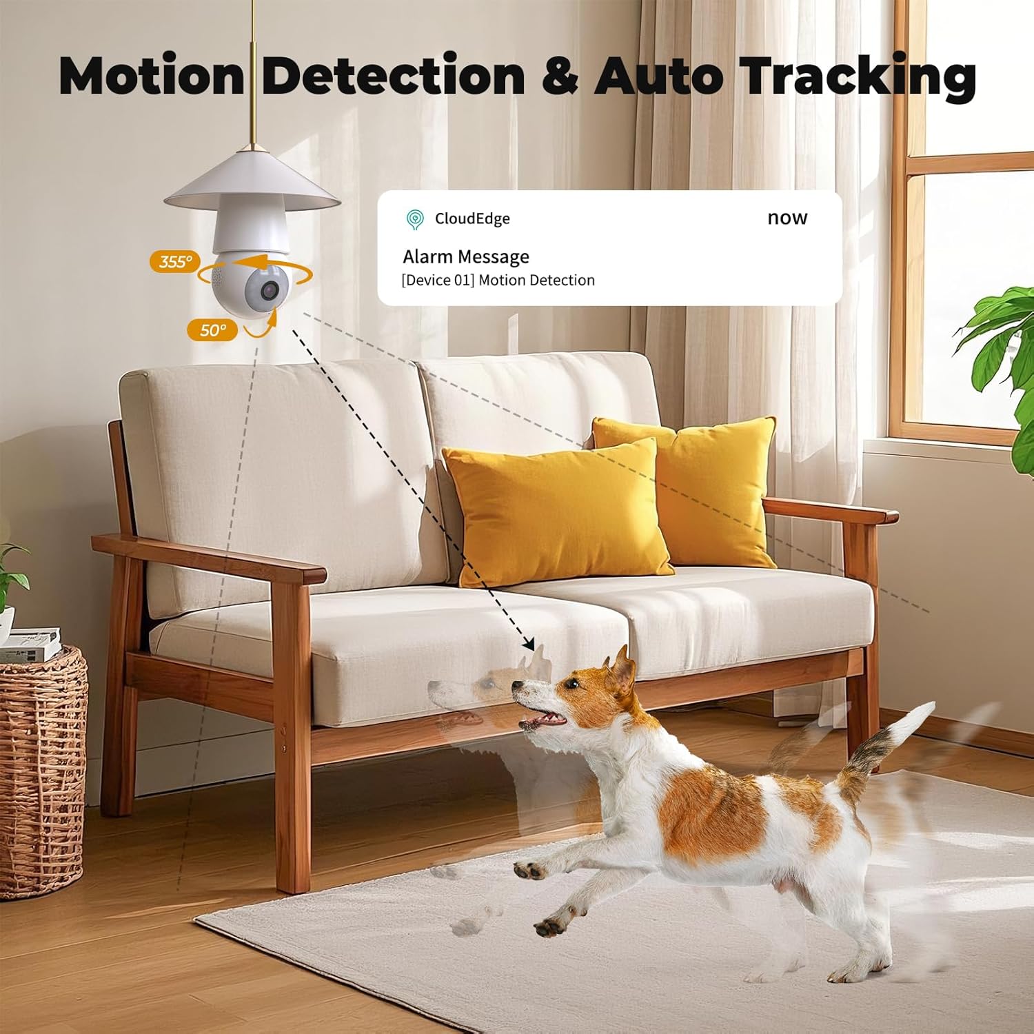 Image depicting a dog running in a living room, with the DEATTI camera detecting motion and sending an 'Alarm Message' notification to a phone.