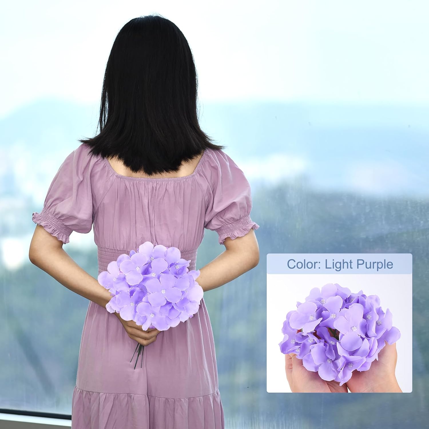 MECCANIXITY Silk Artificial Hydrangea Flowers, Light Purple Artificial Flowers Heads with Stems, Full Hydrangea Flowers for Wedding Centerpieces, Party Decoration 64 Set